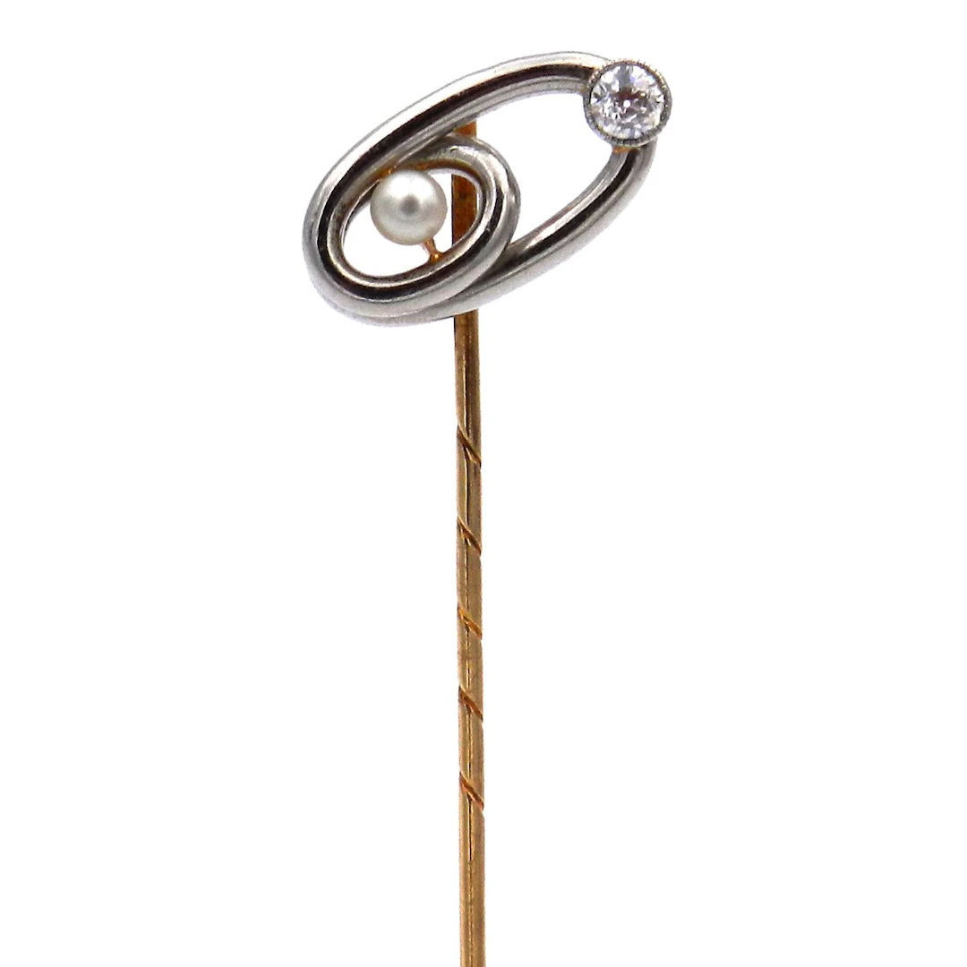 Art Deco Reversnadel mit Perle & Diamanten – Krawattennadel in Platin