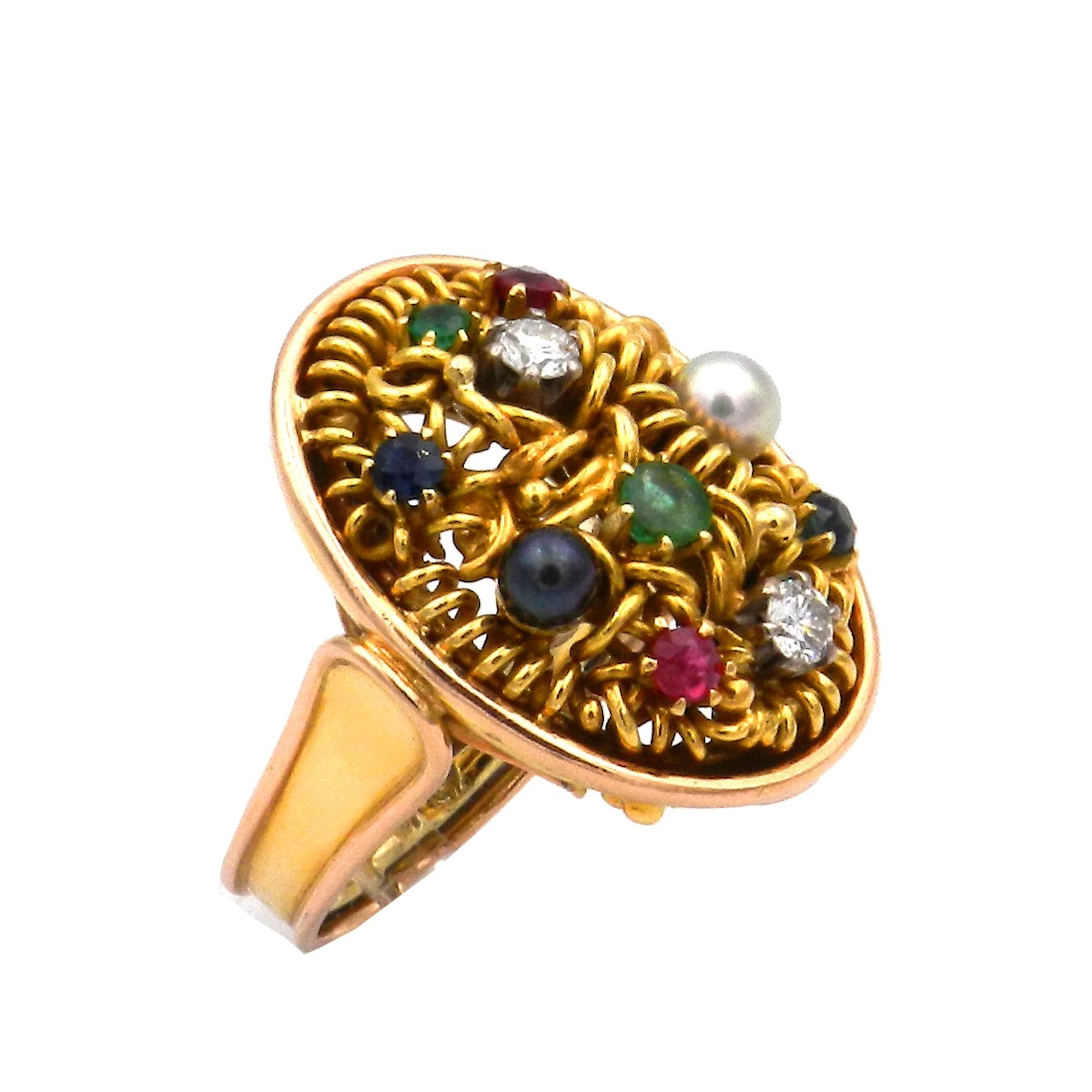 Antiker Gold Ring mit Perlen 0.3 ct Diamanten und Farbsteinen – Gemüse