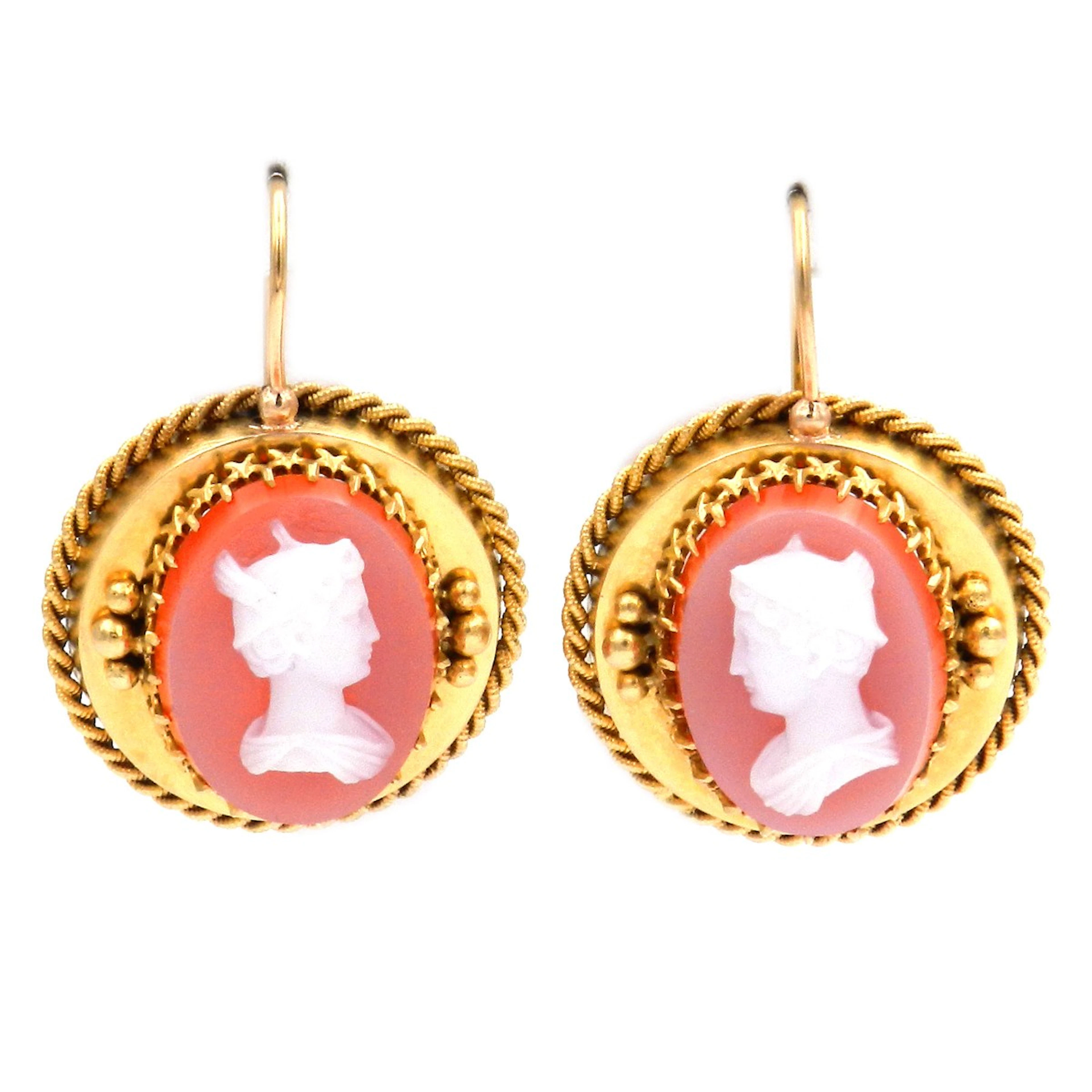 Antike Gold Ohrringe mit Achat Gemmen im Etruskischen Stil, um 1860