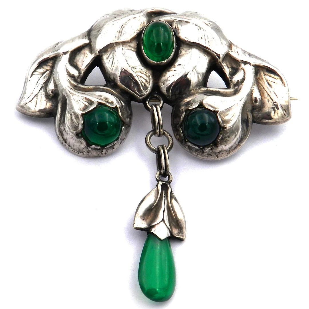 Bernhard Hertz Große Dänische Jugendstil Brosche in Silber mit Chrysopras