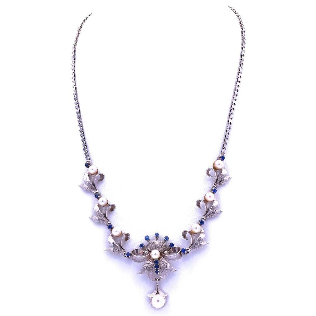 Saphir Perlen Collier in 750 Weißgold um 1960