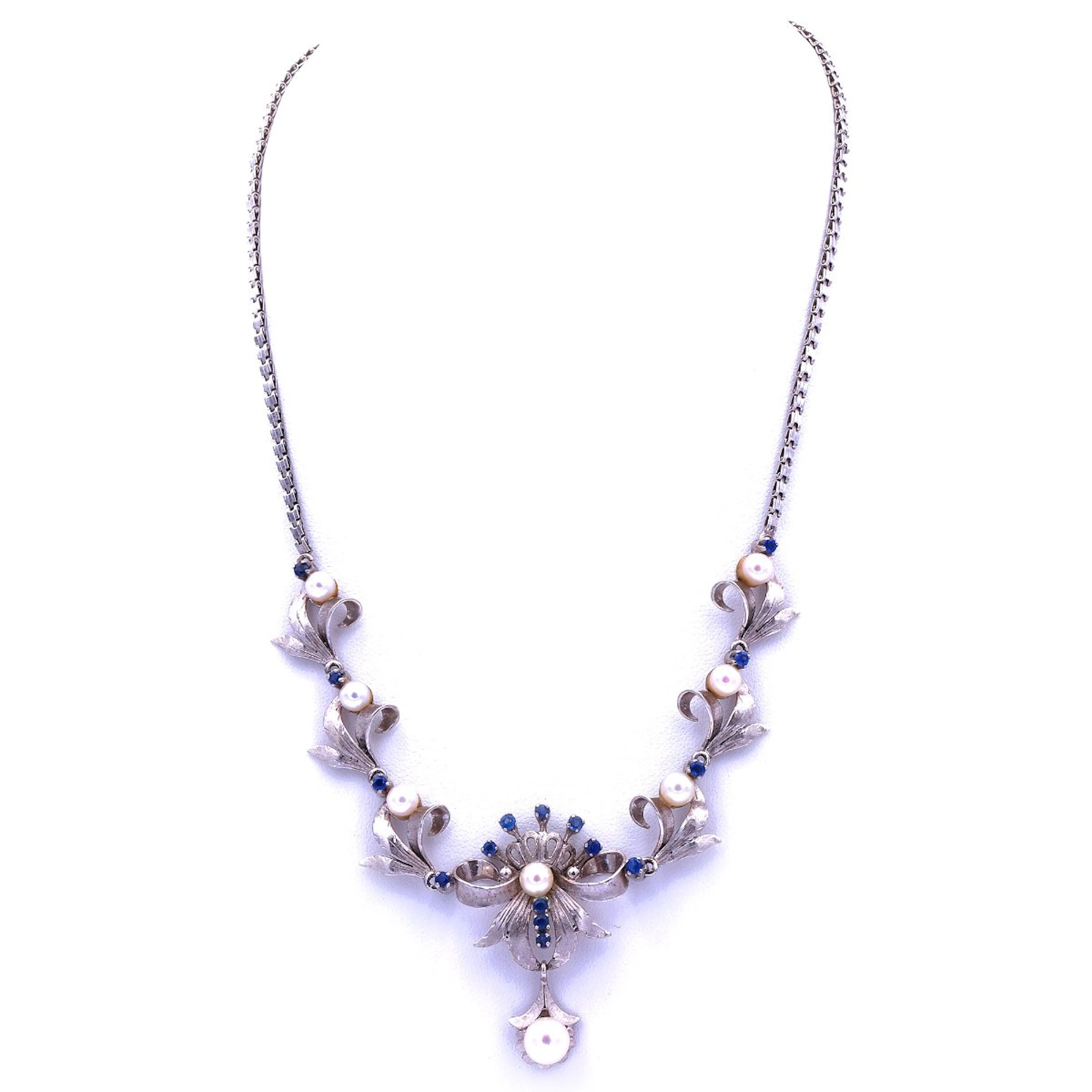 Saphir Perlen Collier in 750 Weißgold um 1960