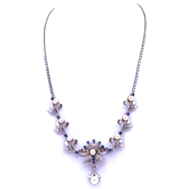 Saphir Perlen Collier in 750 Weißgold um 1960