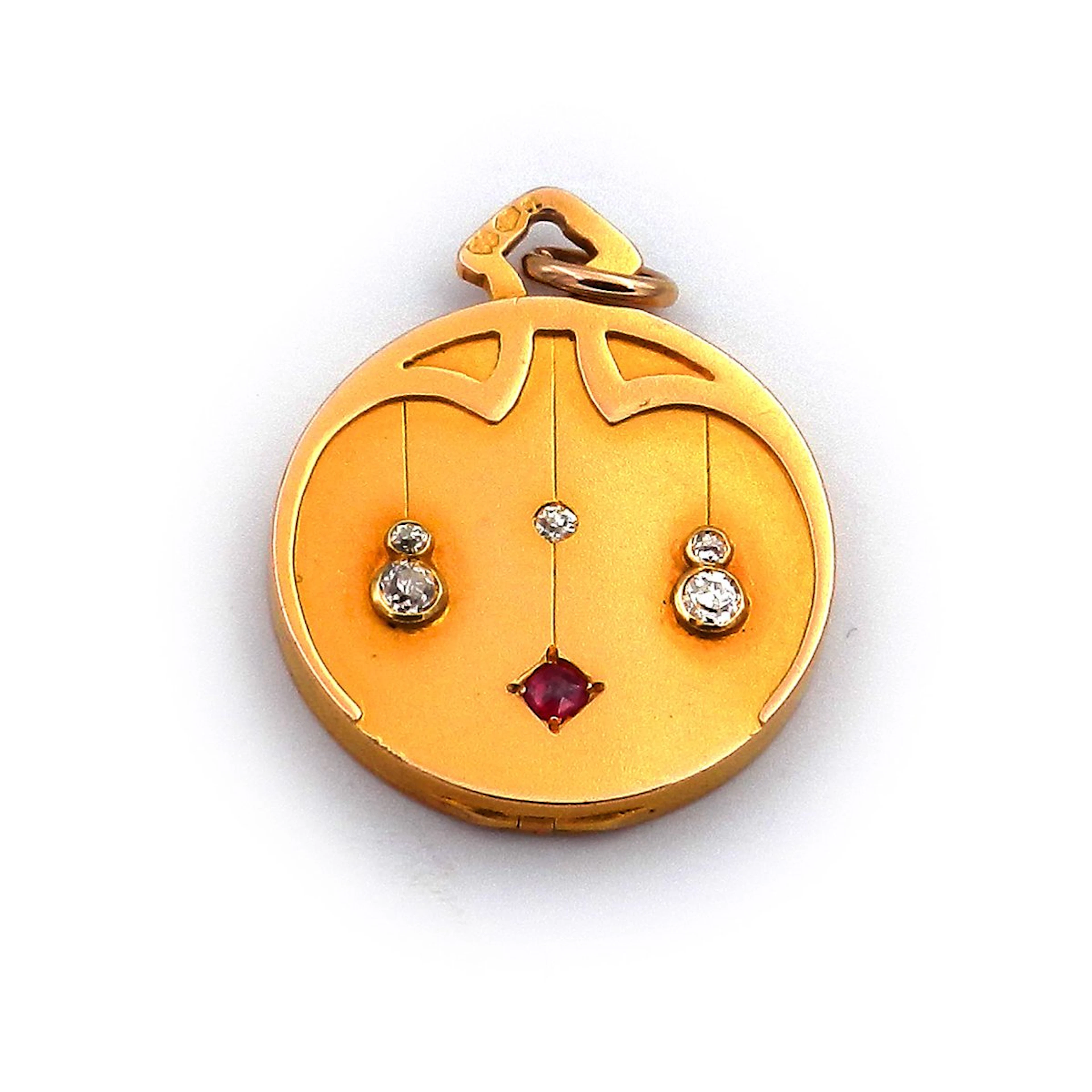 Wiener Jugendstil Gold Medaillon mit Rubin und 0.33 ct Diamanten –