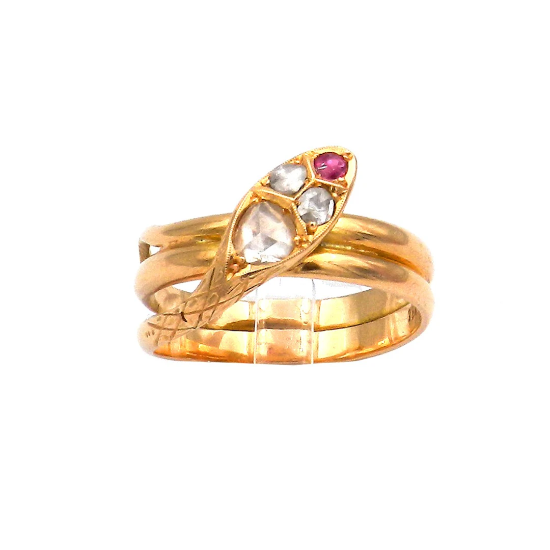 Antiker Schlangenring – 18K Gold Ring mit Rubin und Diamanten um 1880