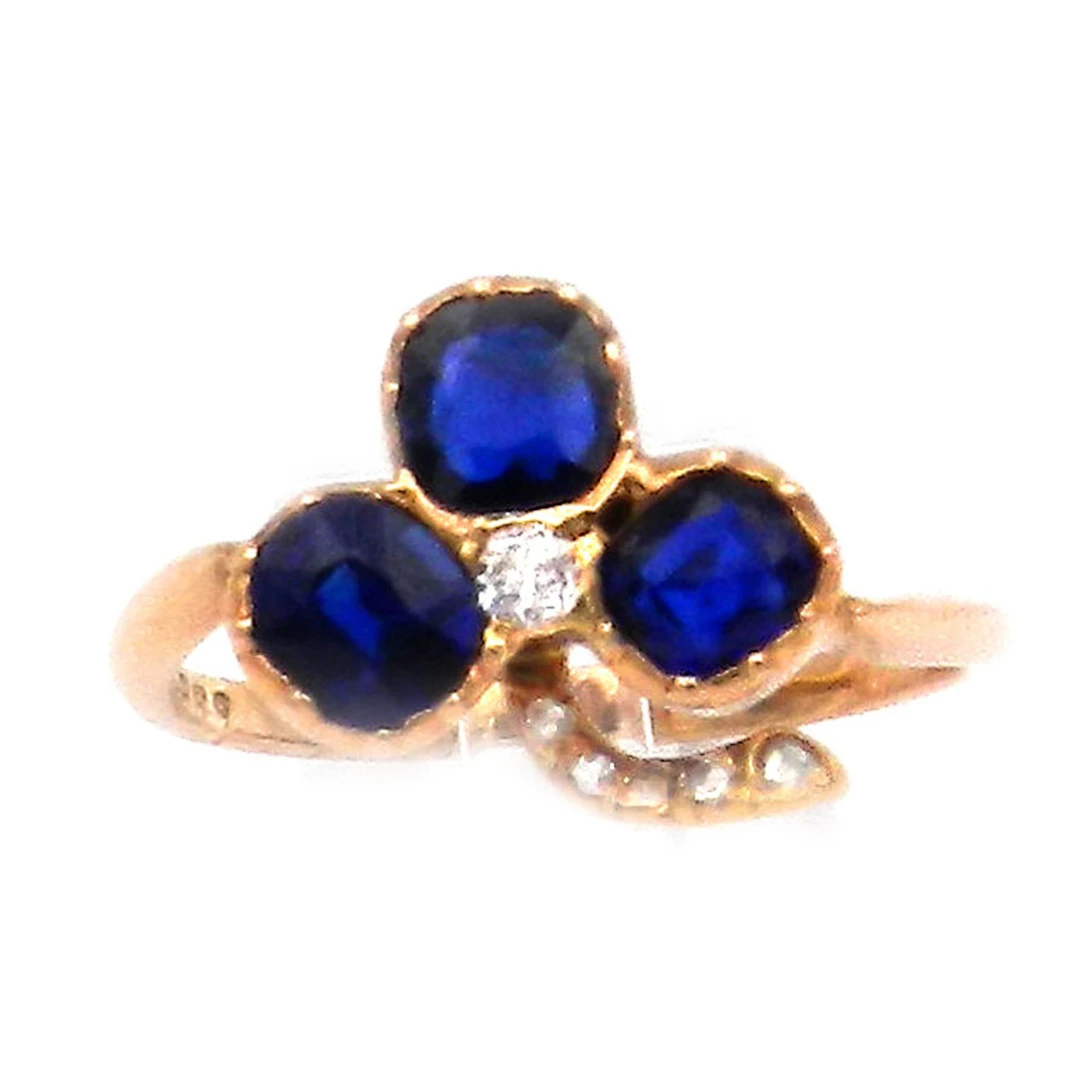 Antiker Saphir Diamant Ring „Kleeblatt“ in 14K Rotgold, um 1890