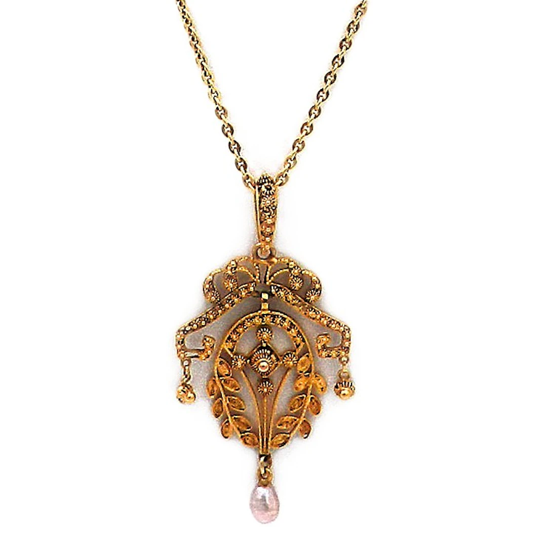 Antiker Cannetille Filigran Anhänger mit Orientperle in 14K Gold um 1830
