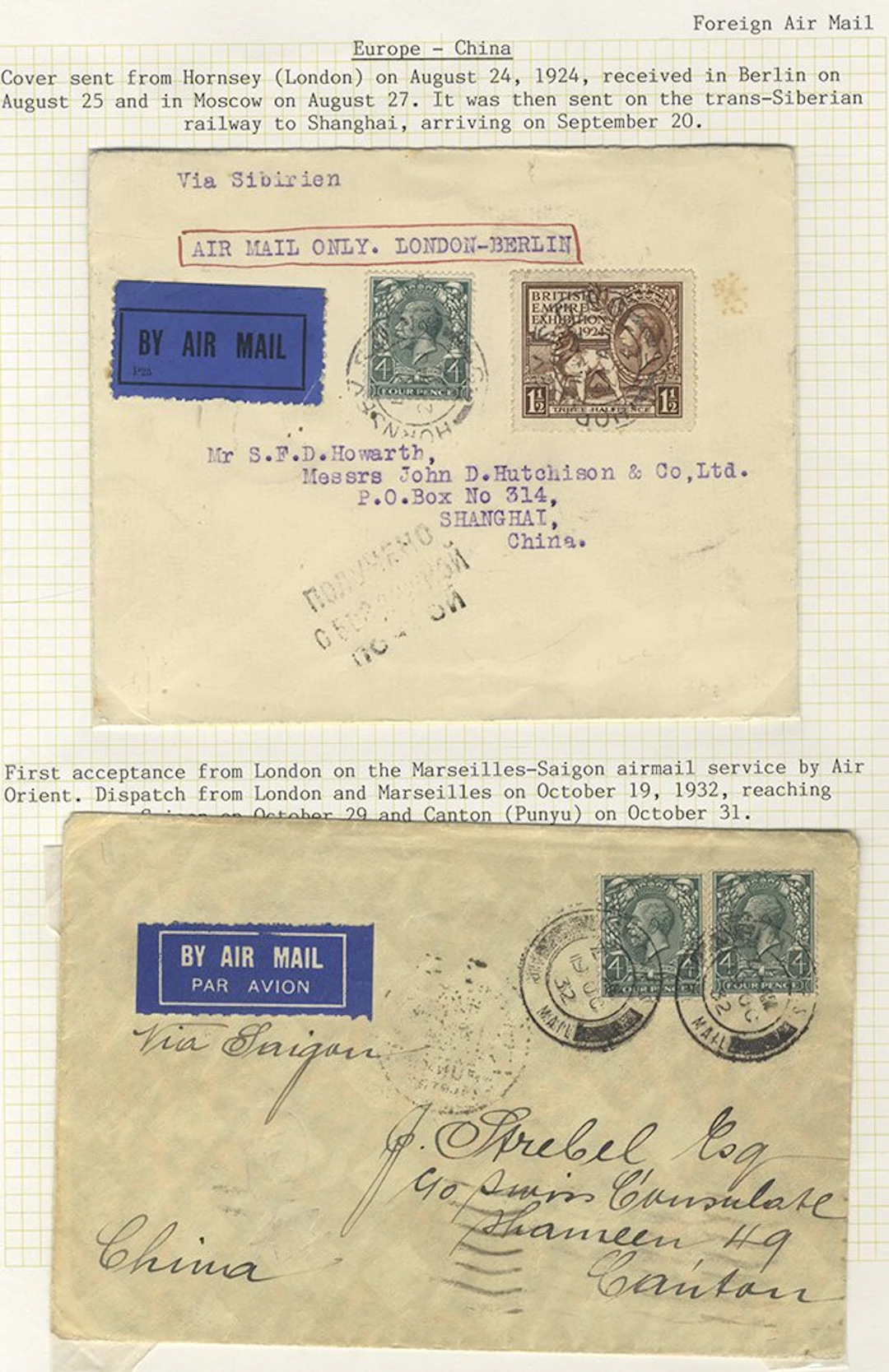 CHINA UK to China pair of flight covers on page with 1924...