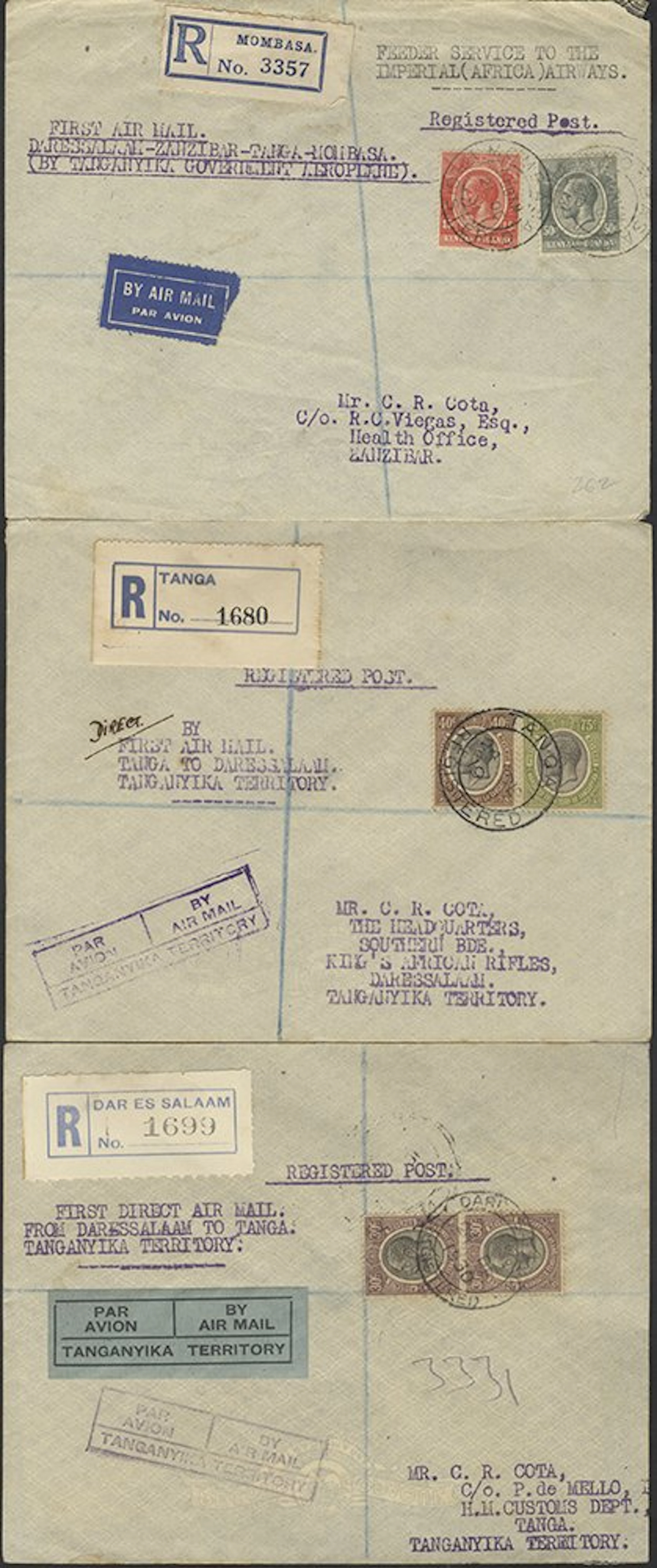 AFRICAN AIRMAILS 1930-31 Tanganyika Feeder Service