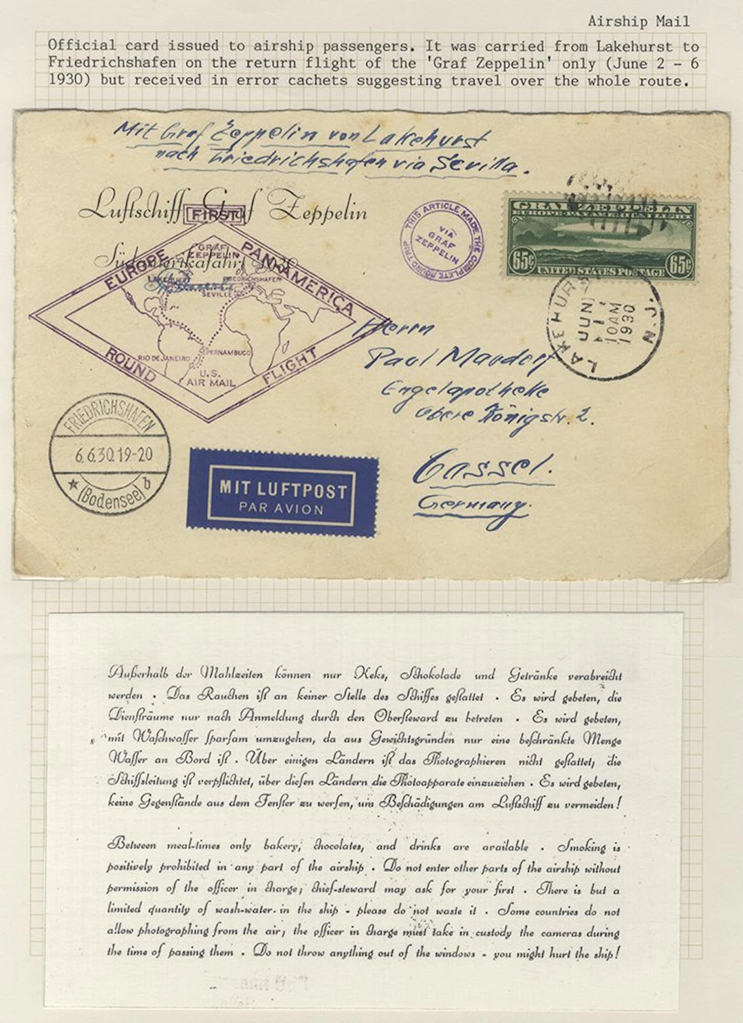 USA 1930 65c Zeppelin on official card issues to airship...