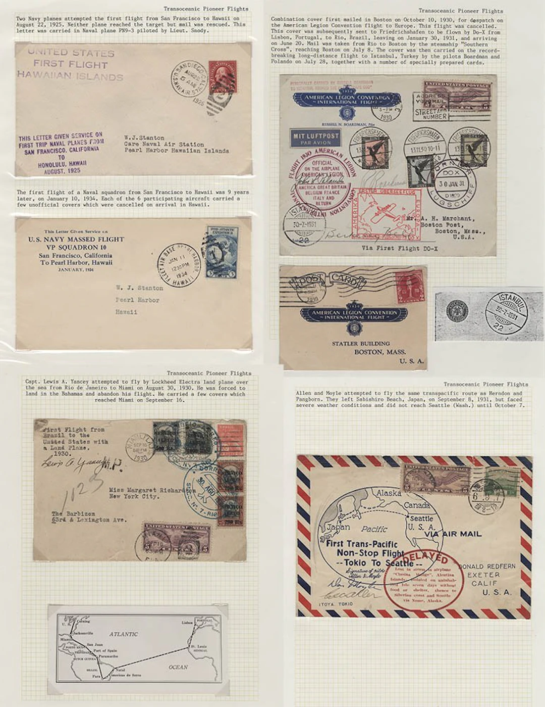 USA 1925-34 group of Trans-Oceanic flight covers (11) written up on leaves incl