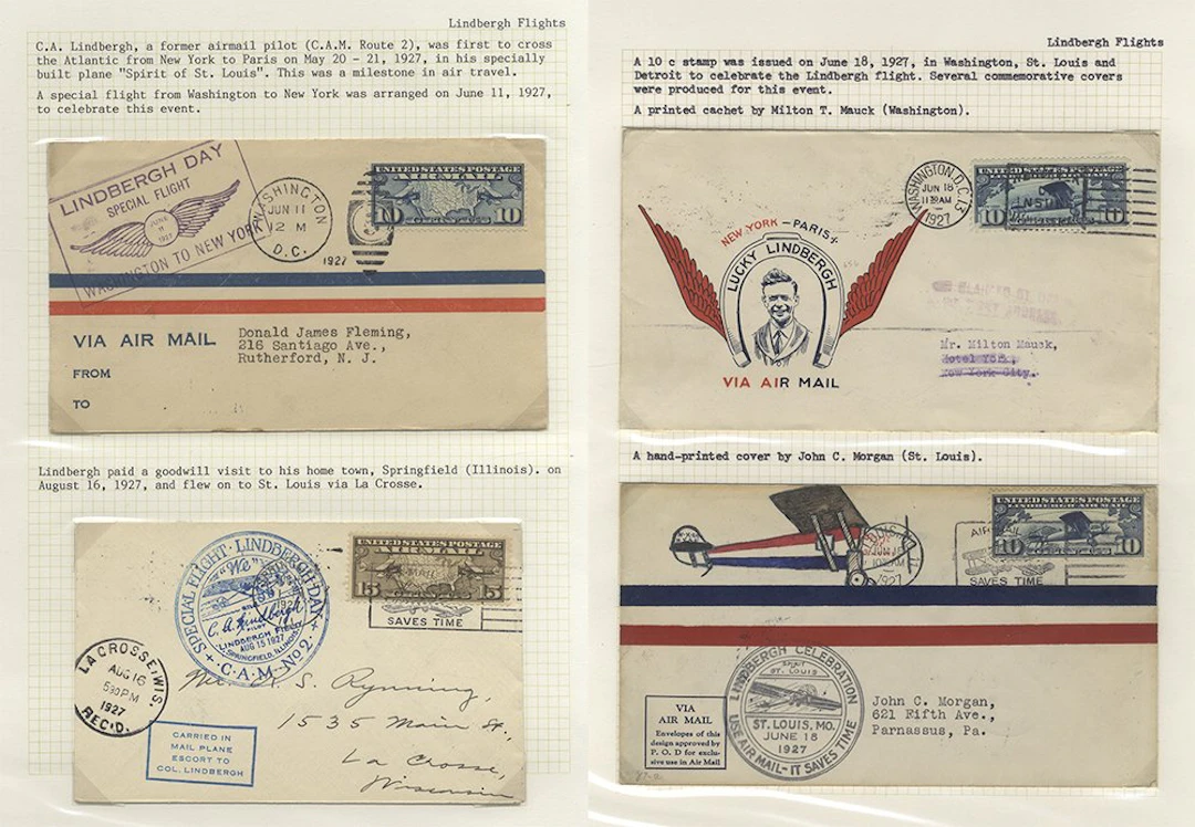 USA 1927 Lindbergh group of flight covers (10) on leaves