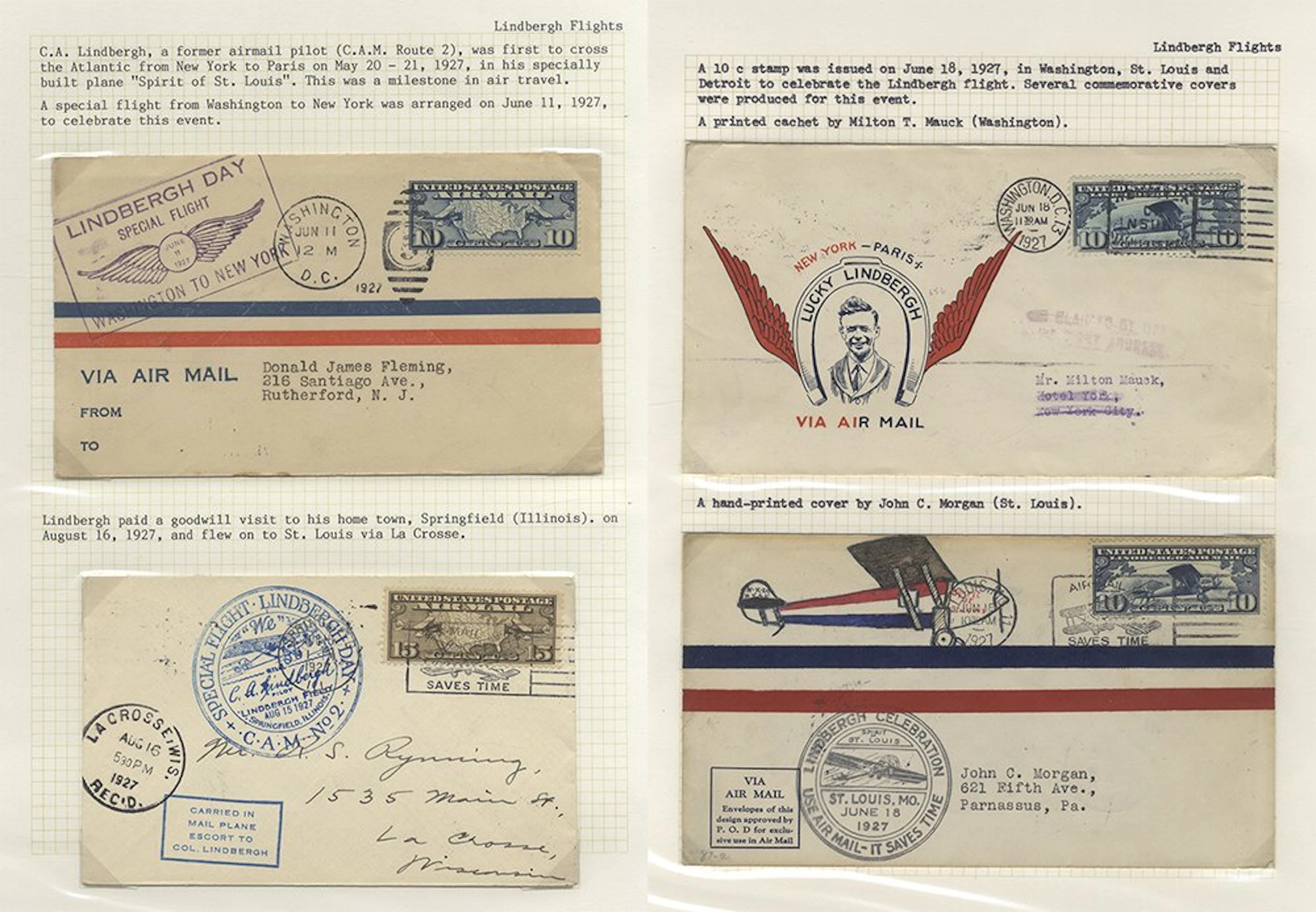 USA 1927 Lindbergh group of flight covers (10) on leaves