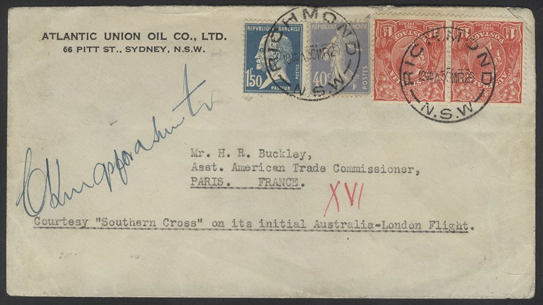AUSTRALIA 1929 cover to Paris bearing KGV 1½d (2) with French 40c & 1f.50