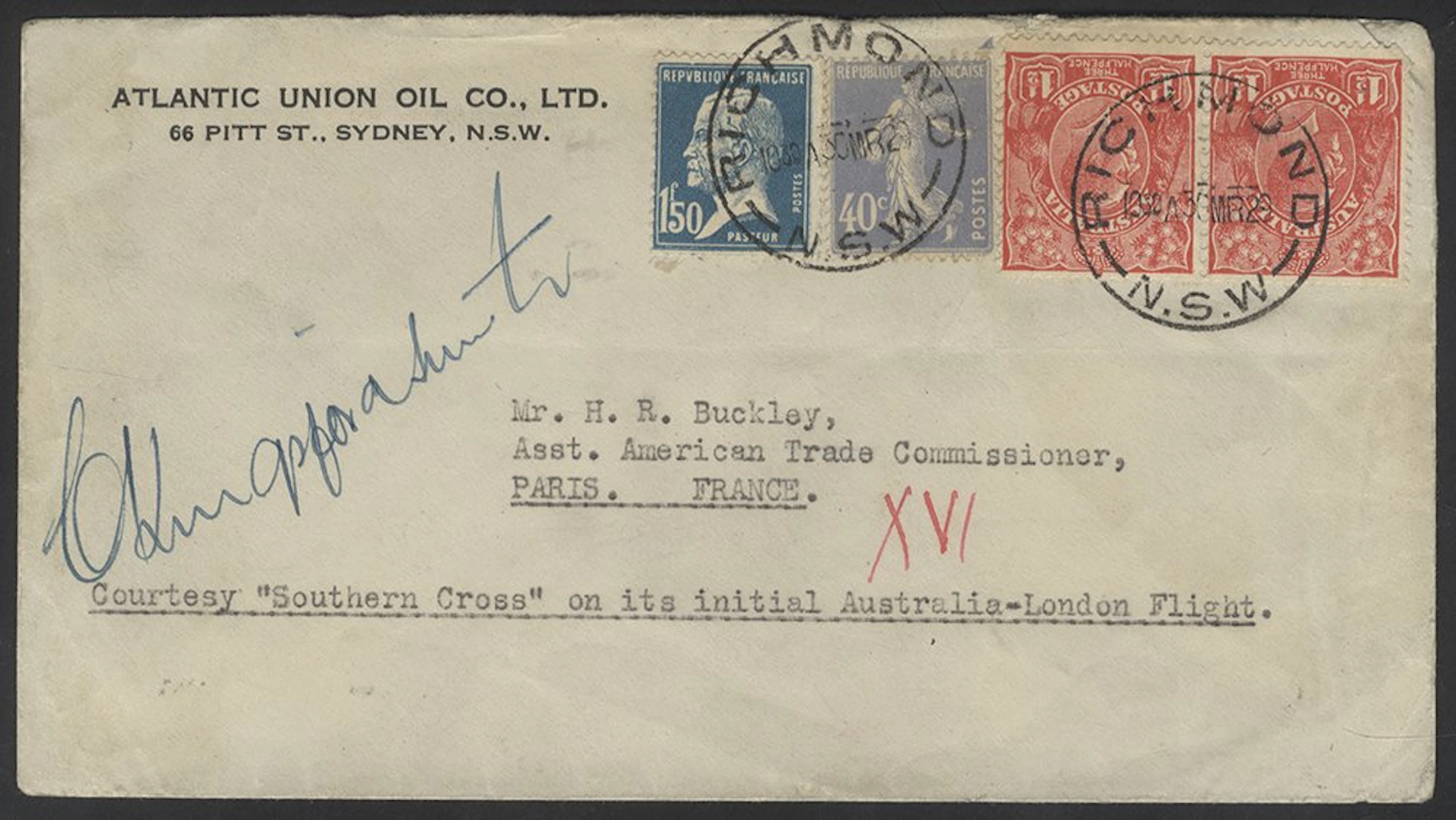 AUSTRALIA 1929 cover to Paris bearing KGV 1½d (2) with French 40c & 1f.50