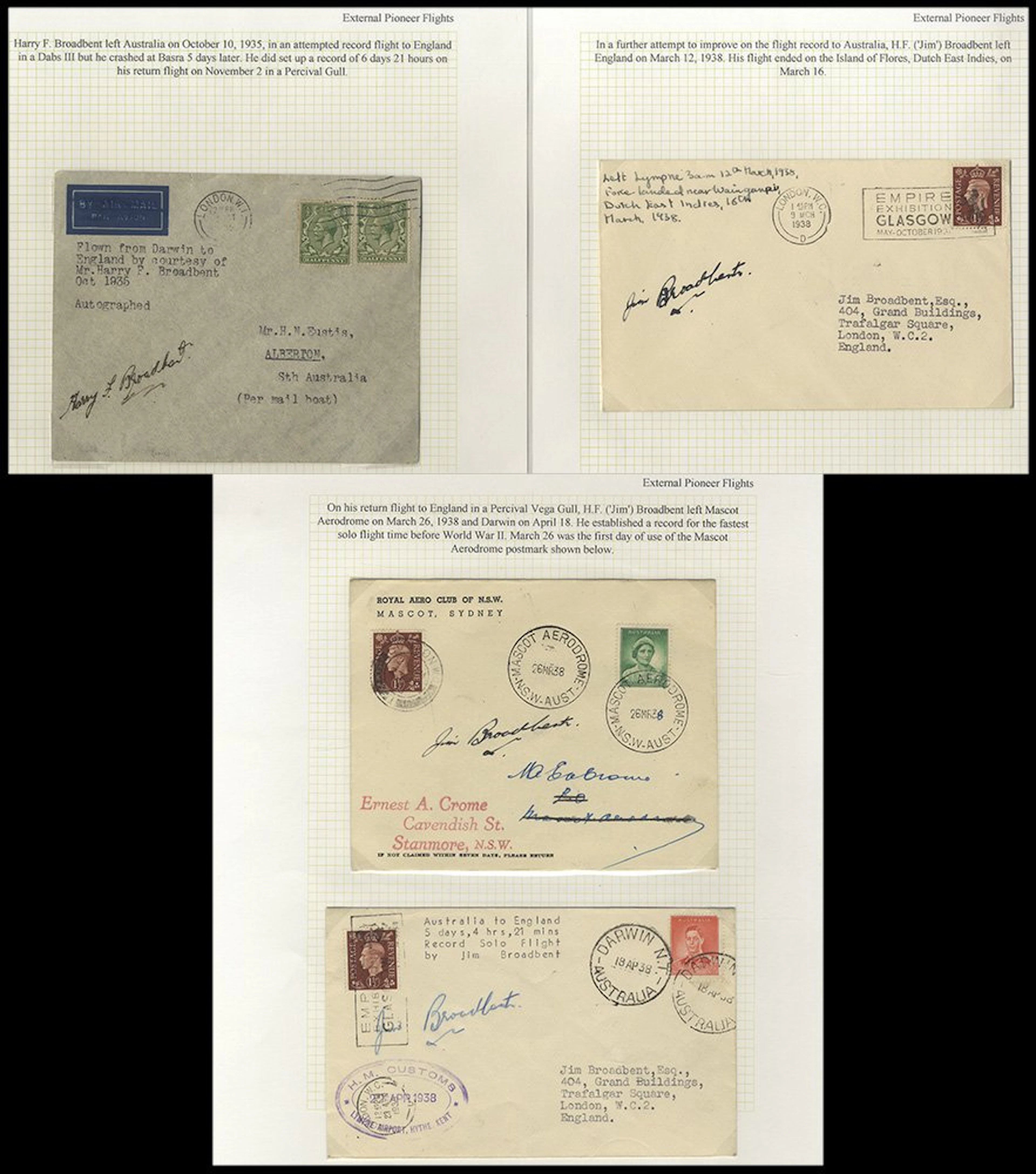 AUSTRALIA 1935-38 covers (4) flown by Harry Broadbent...