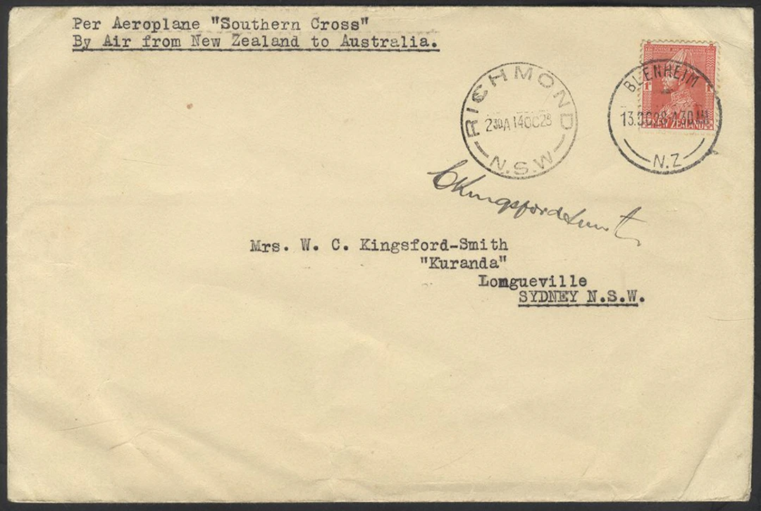 AUSTRALIA 1928 (Oct 13) Trans-Tasman Kingsford Smith...