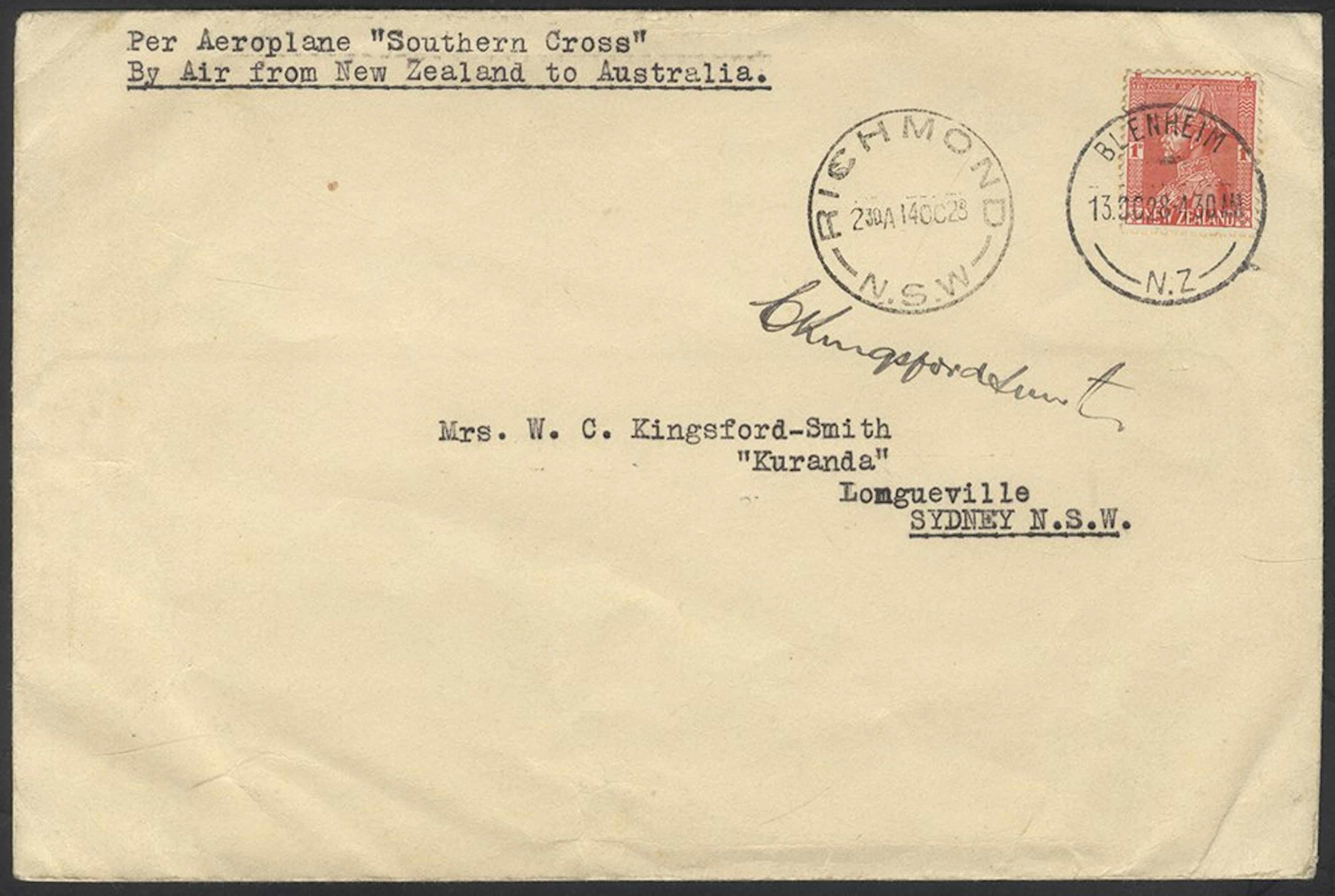 AUSTRALIA 1928 (Oct 13) Trans-Tasman Kingsford Smith...
