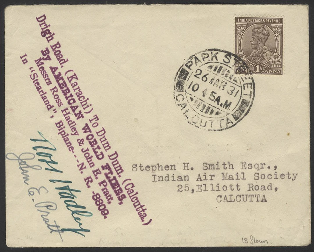 INDIA 1931 (Mar 26) Pratt and Hadley round the world commem cover