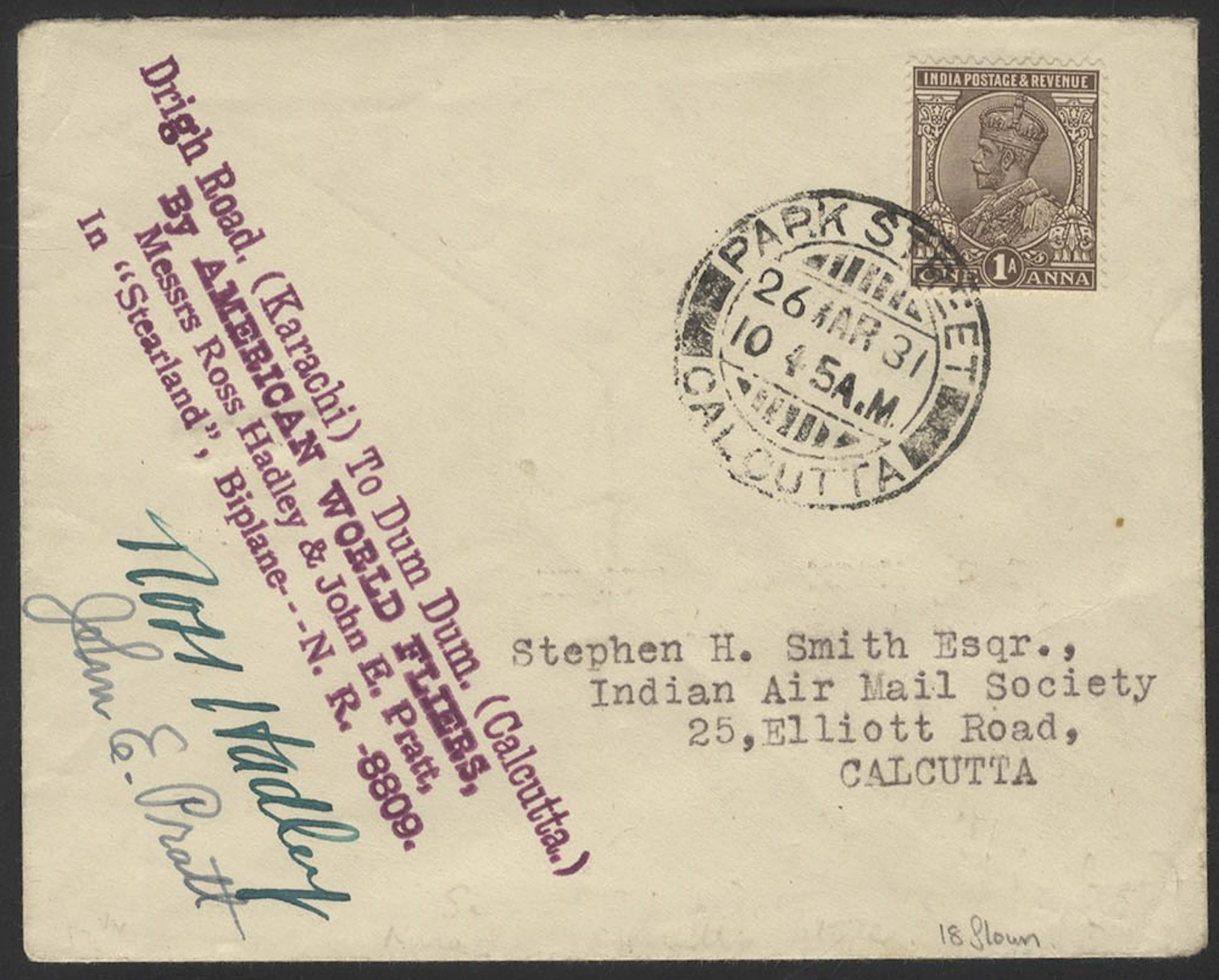 INDIA 1931 (Mar 26) Pratt and Hadley round the world commem cover