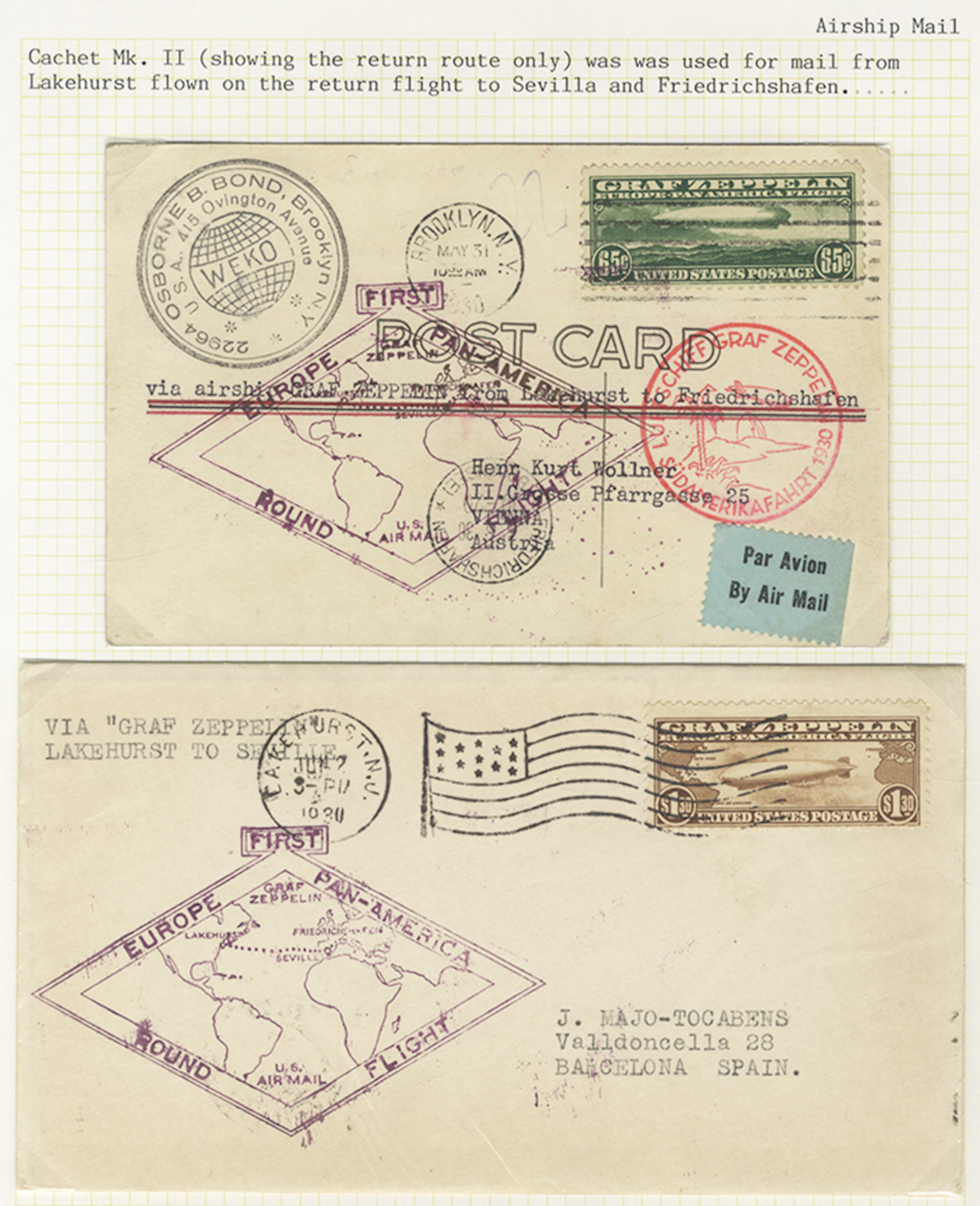 USA 1930 65c Zeppelin on flown card from Brooklyn to Vienna
