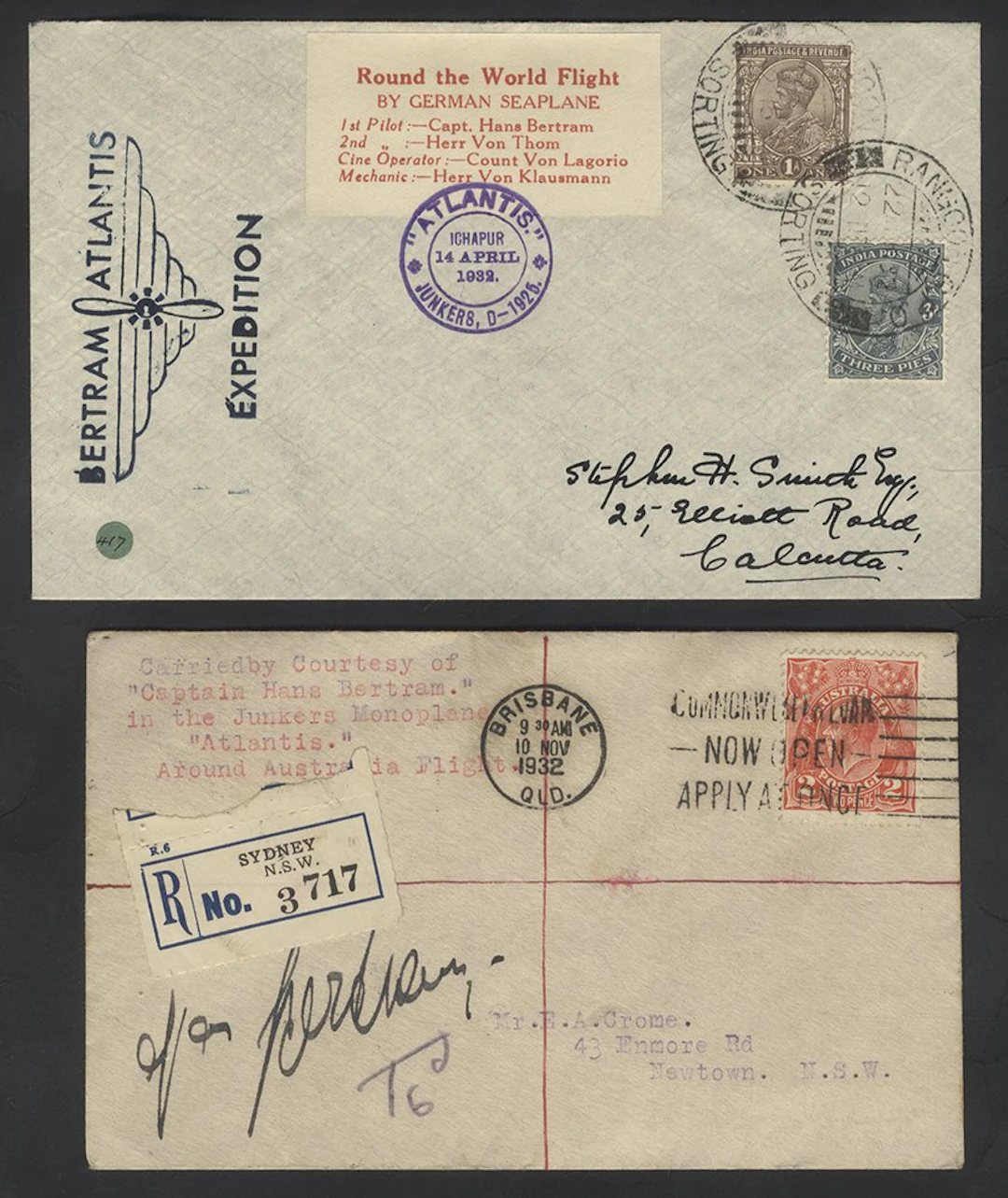 INDIA 1932 Hans Bertram pair of covers with 'Bertram...