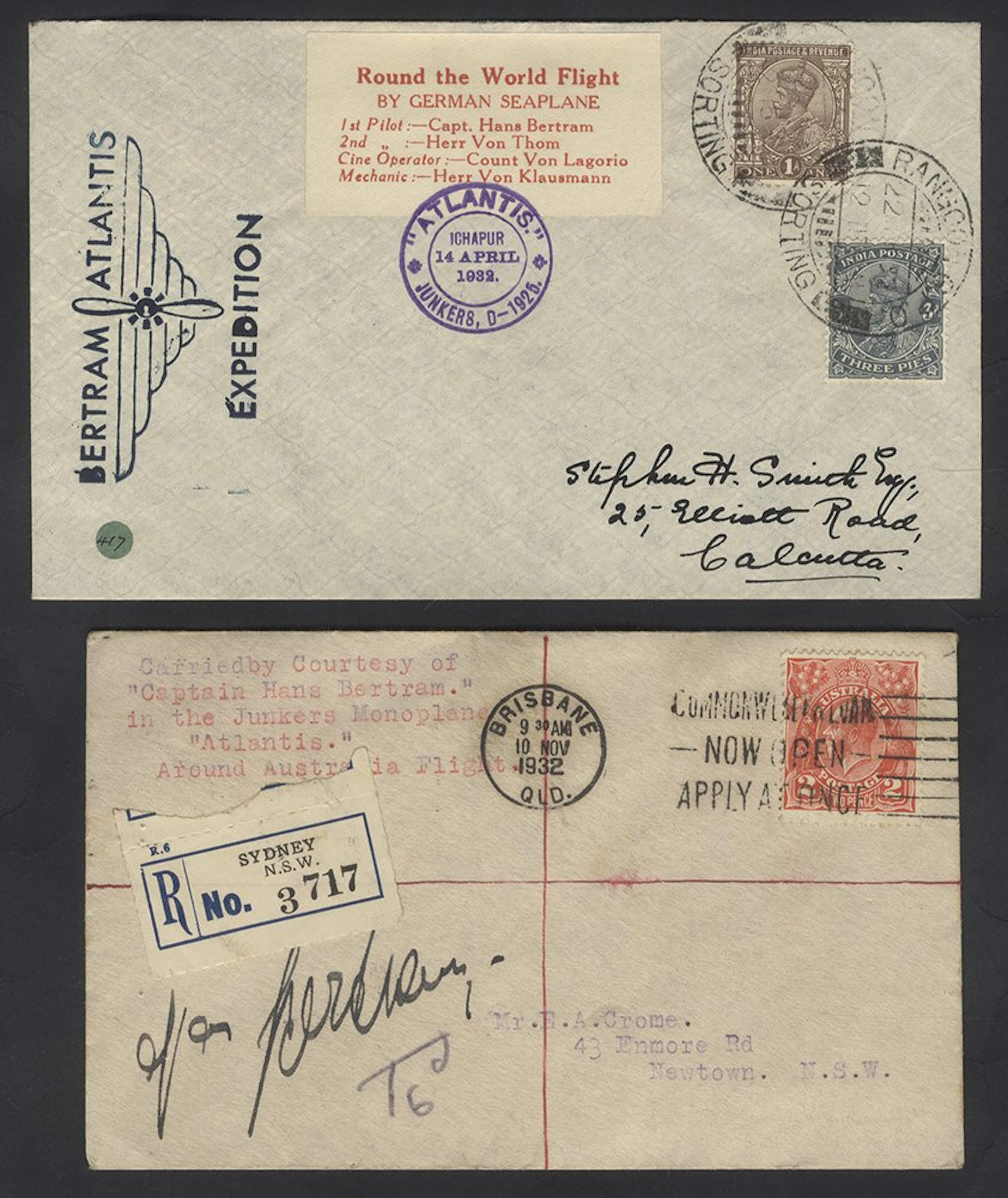 INDIA 1932 Hans Bertram pair of covers with 'Bertram...