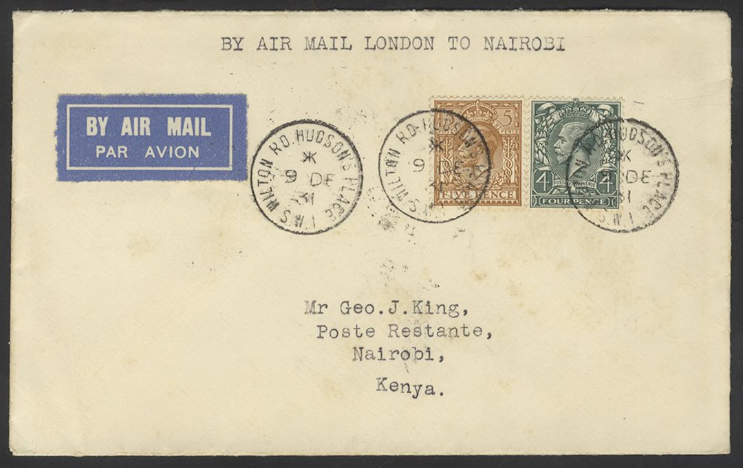 AFRICAN AIRMAILS 1931 first flight cover from London to Nairobi