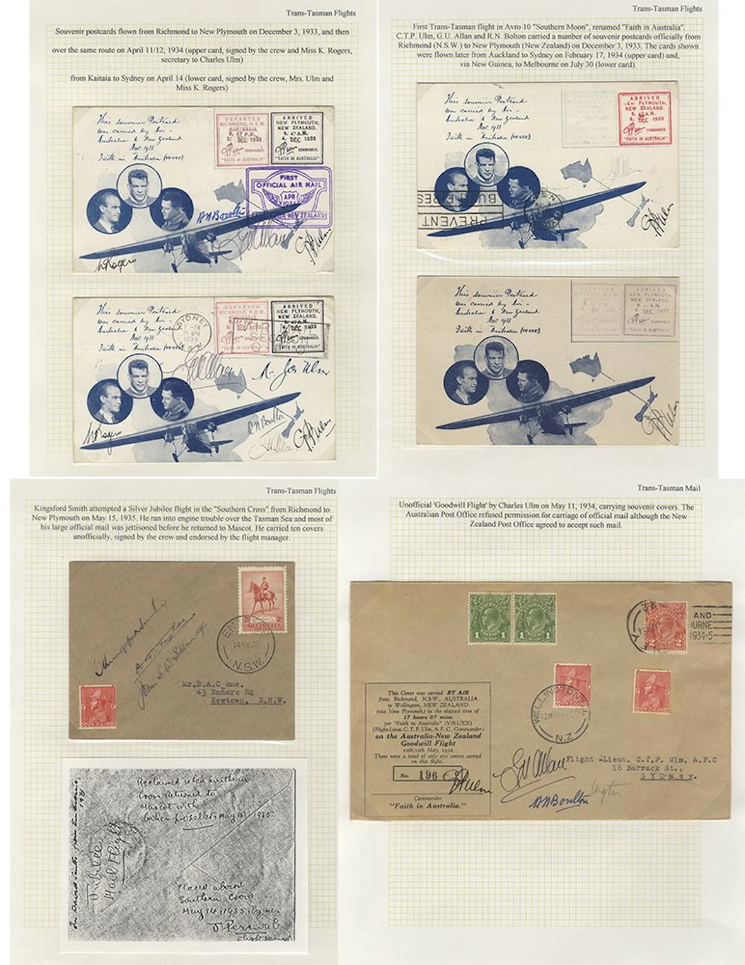 AUSTRALIA 1933-38 range of Trans-Tasman commem flight covers (19) on leaves