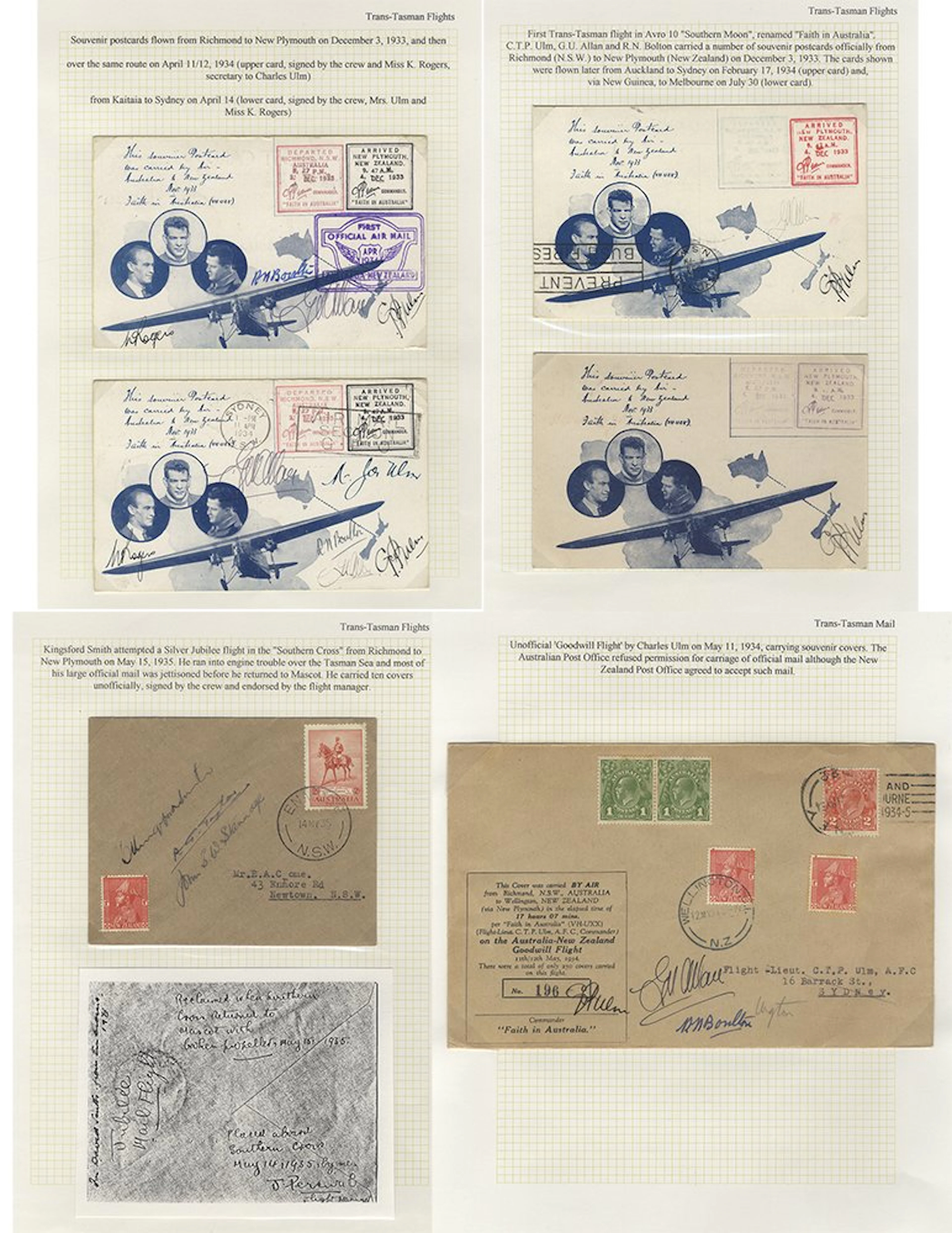 AUSTRALIA 1933-38 range of Trans-Tasman commem flight covers (19) on leaves