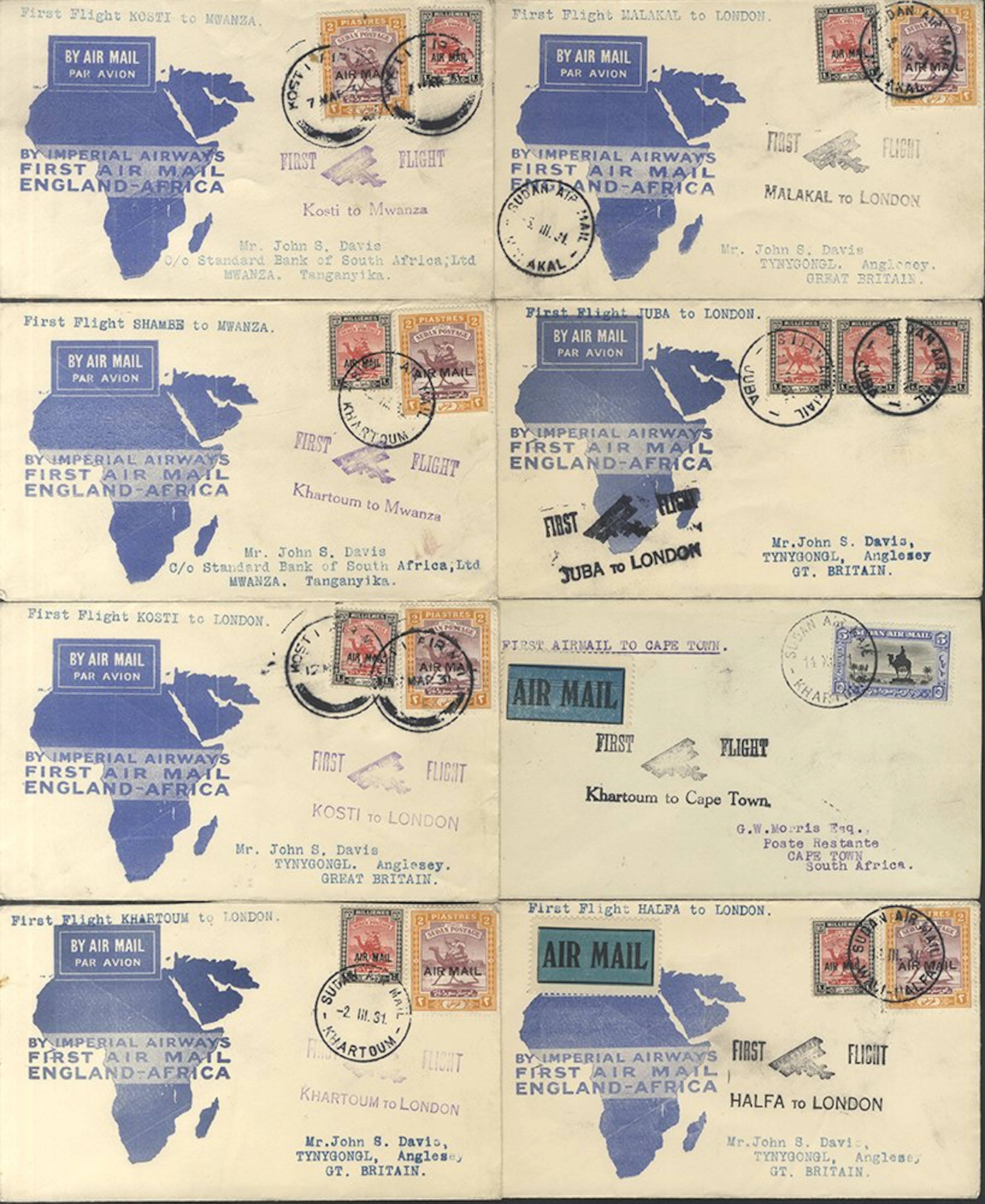 SUDAN 1931 first flight covers (8) incl