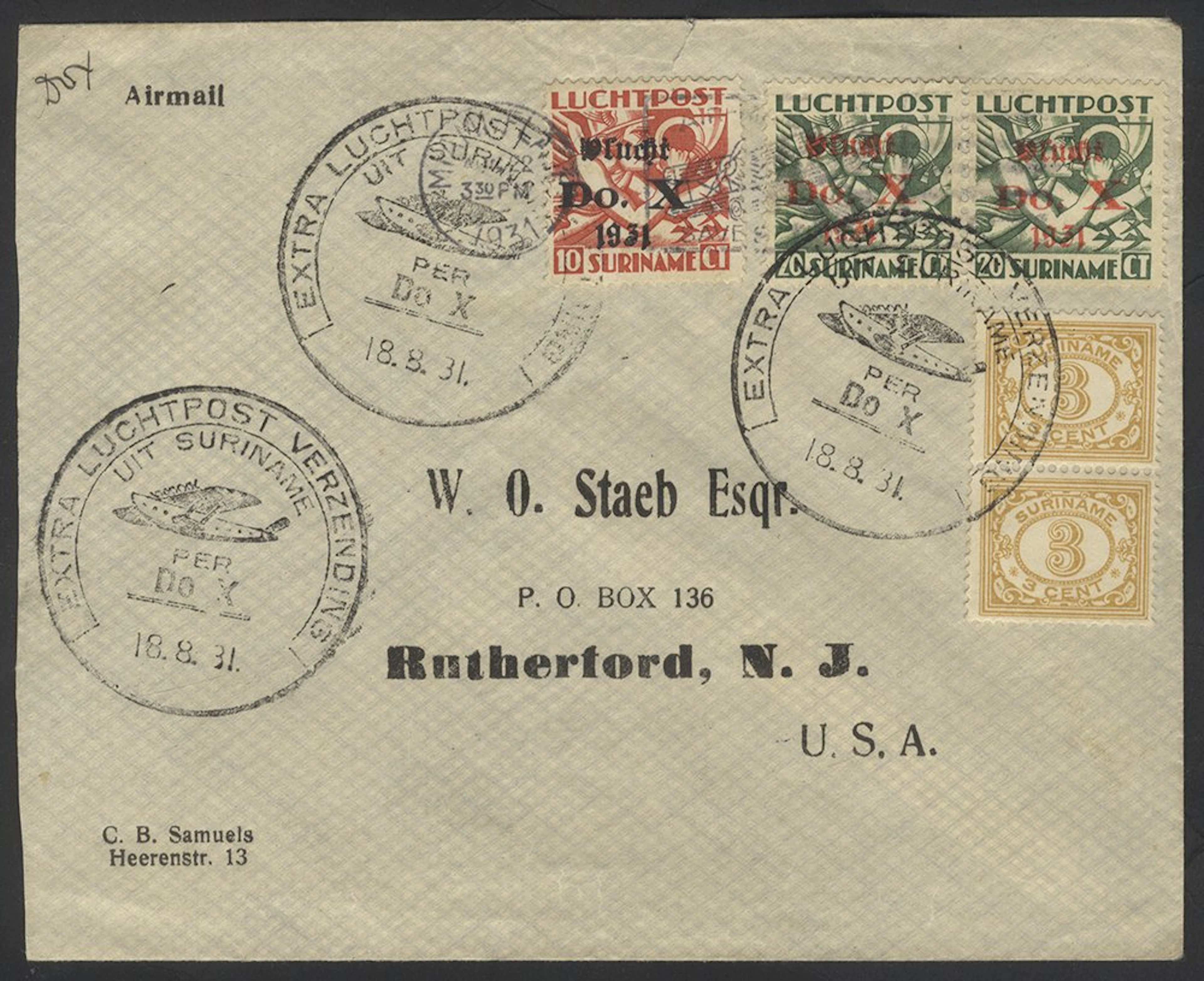 NETHERLANDS COLONIES (Suriname) 1931 Dornier Do X cover to USA bearing 2c