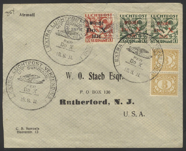 NETHERLANDS COLONIES (Suriname) 1931 Dornier Do X cover to USA bearing 2c