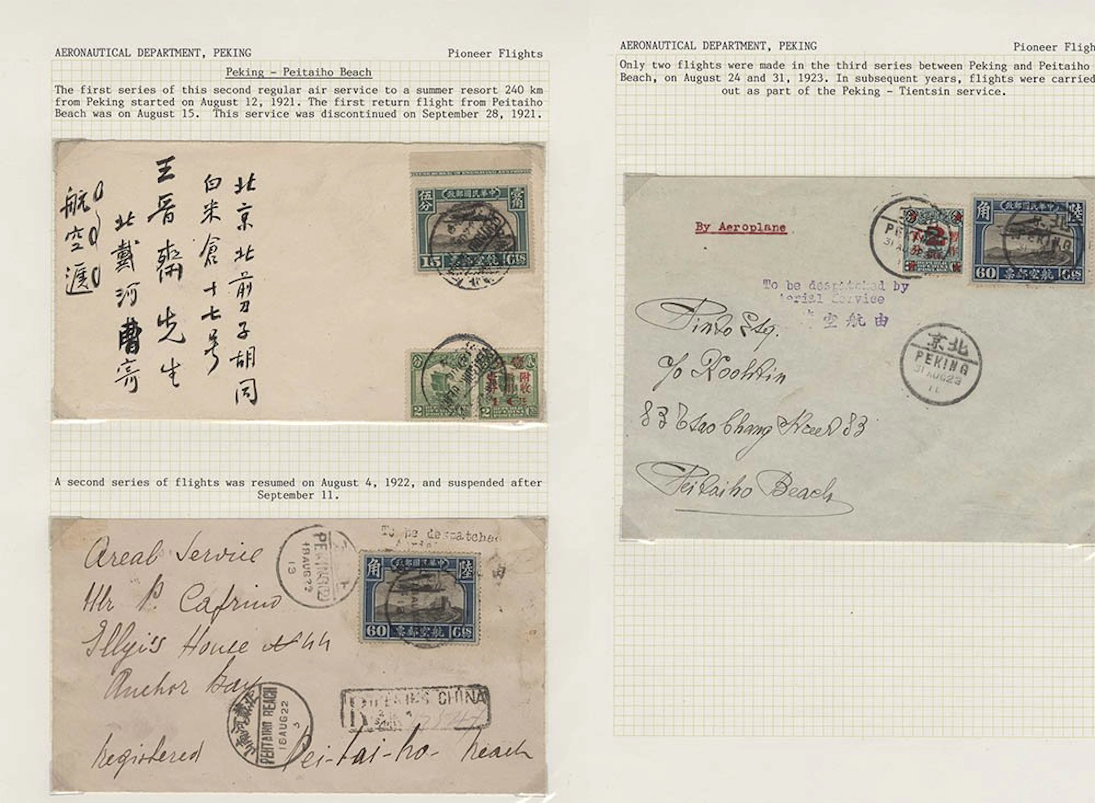 CHINA 1921 (Aug 14) Peking to Peitaiho Beach flight cover...