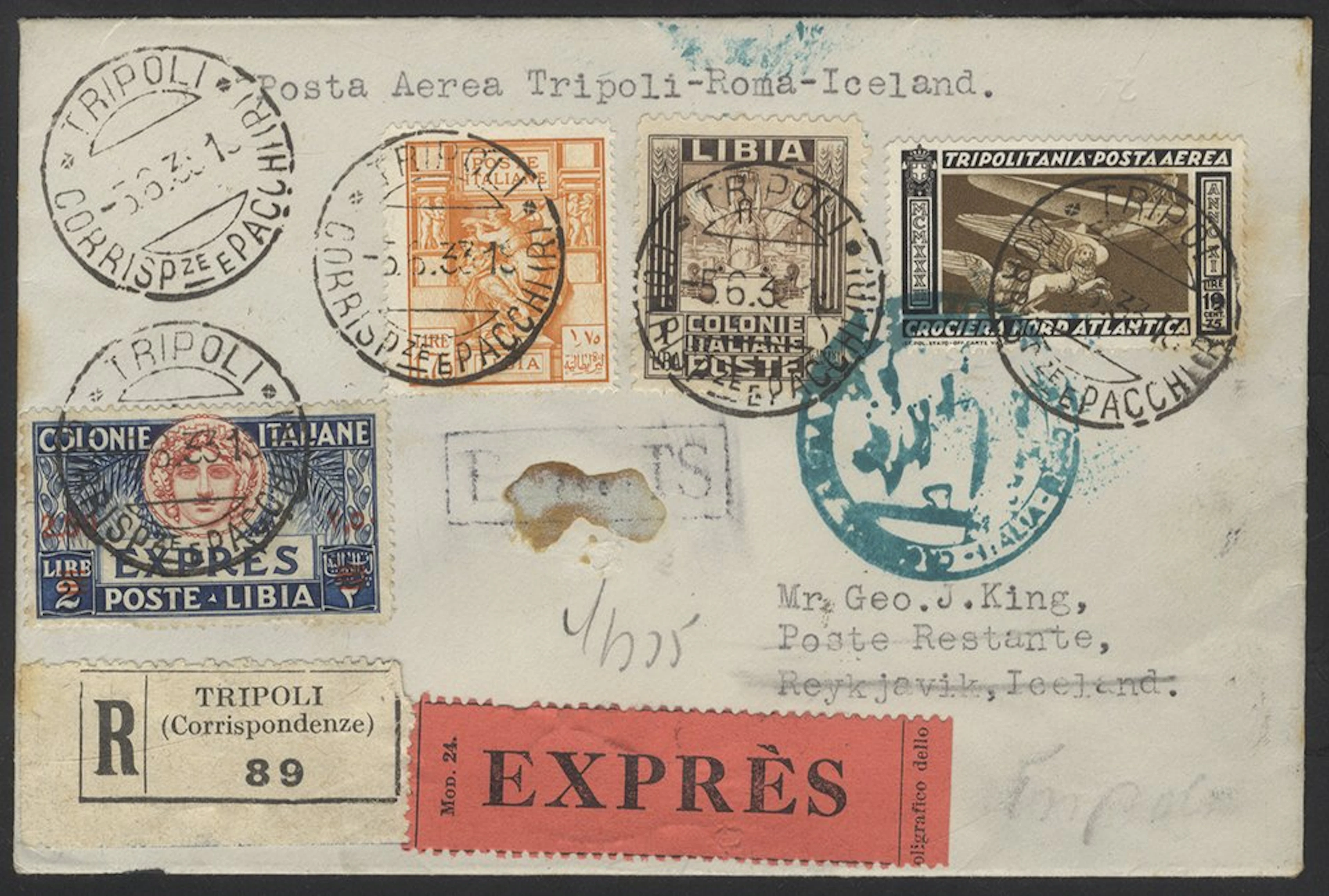 ITALIAN COLONIES 1933 Italian Air Cruise express reg...