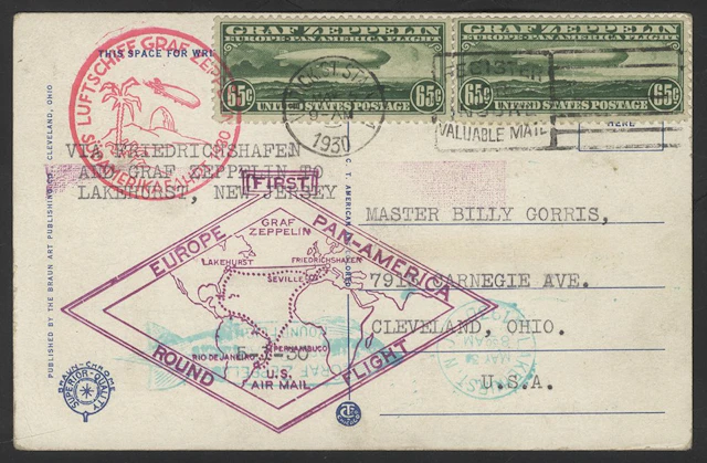 USA 1930 65c Zeppelin stamps (2) on illustrated postcard...