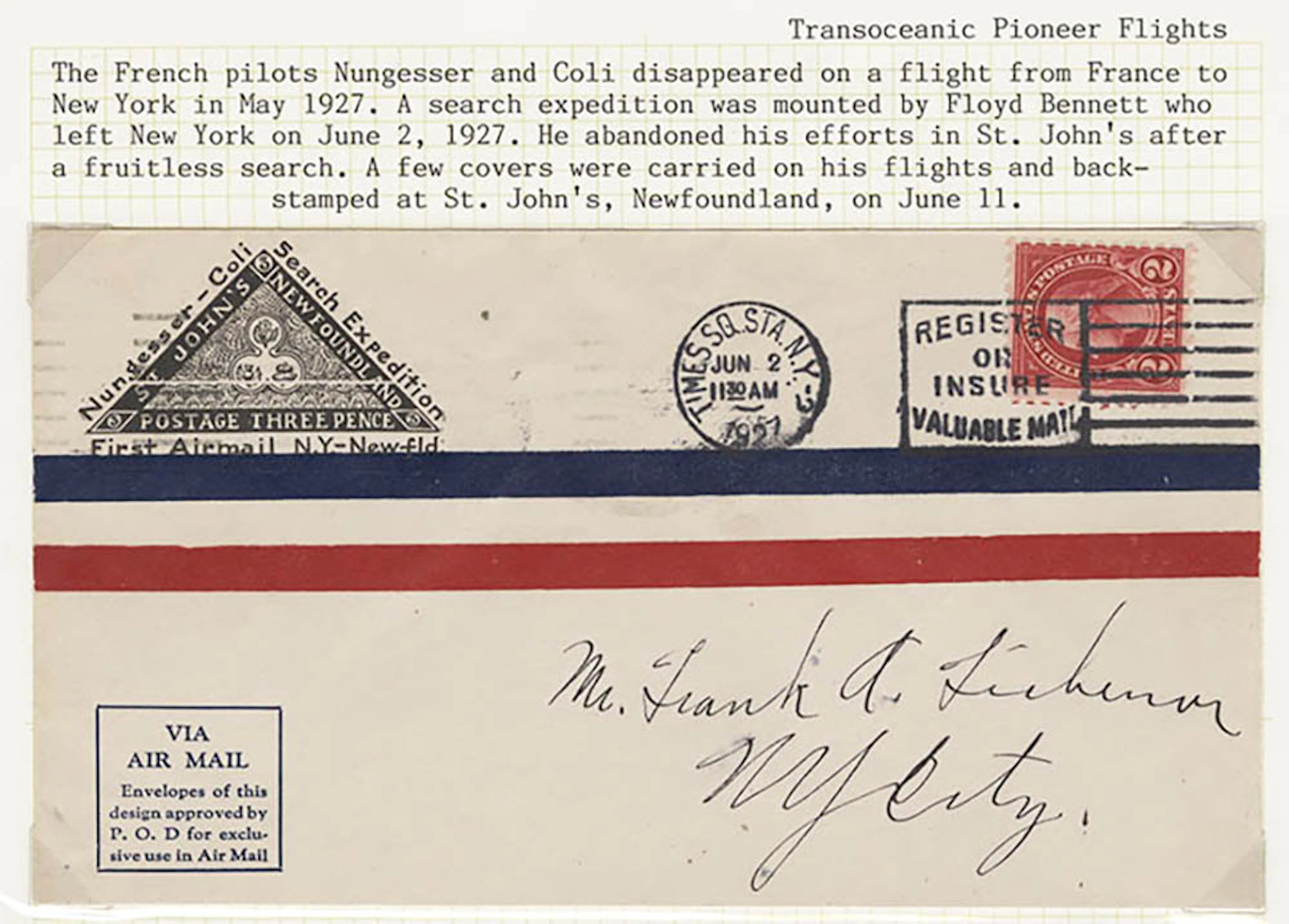 USA 1927 (Jun 2) Floyd Bennett flight cover with commem...
