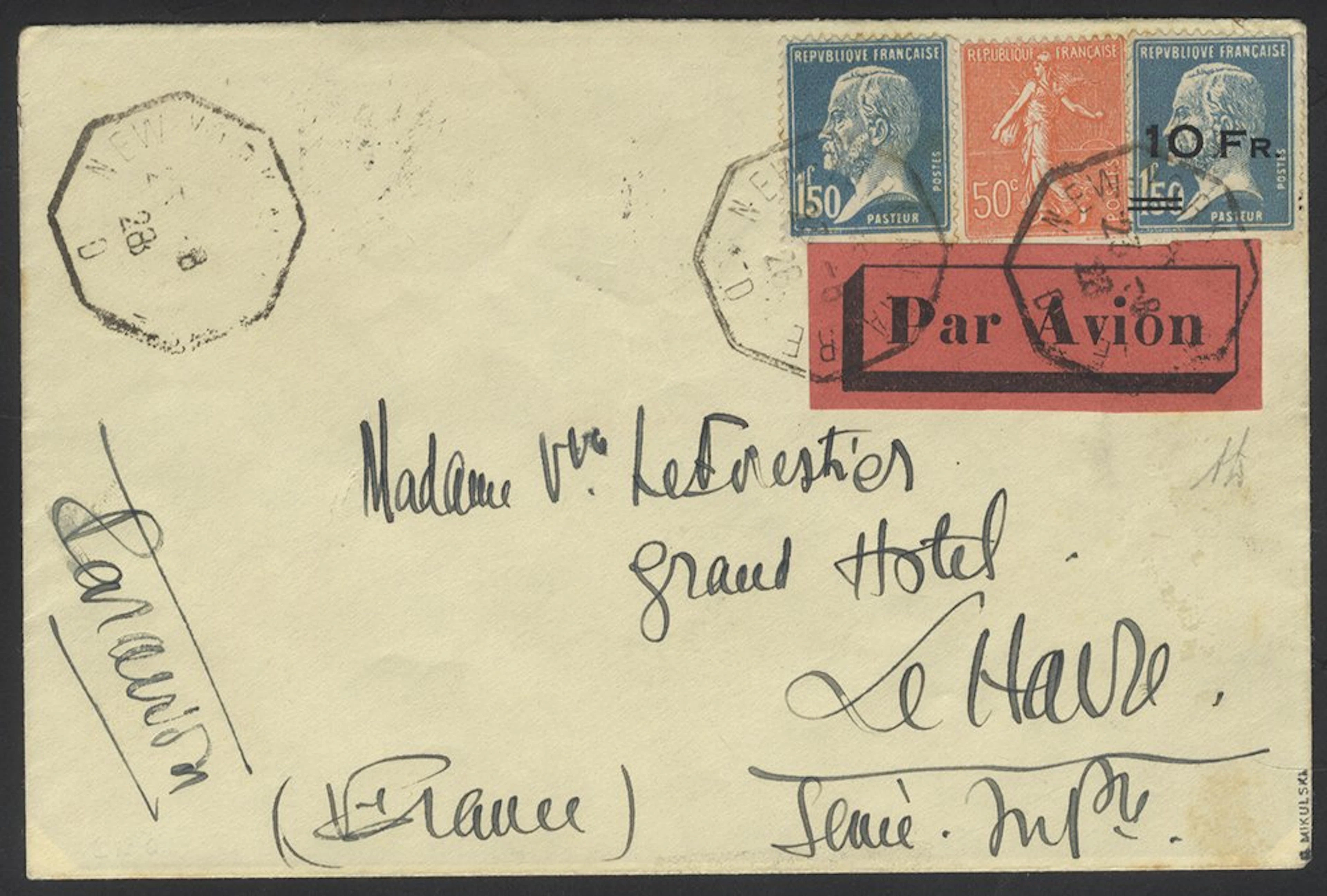 FRANCE 1928 'Ile de France' Surcharged 10f on 1f.50 blue provisional (Cat