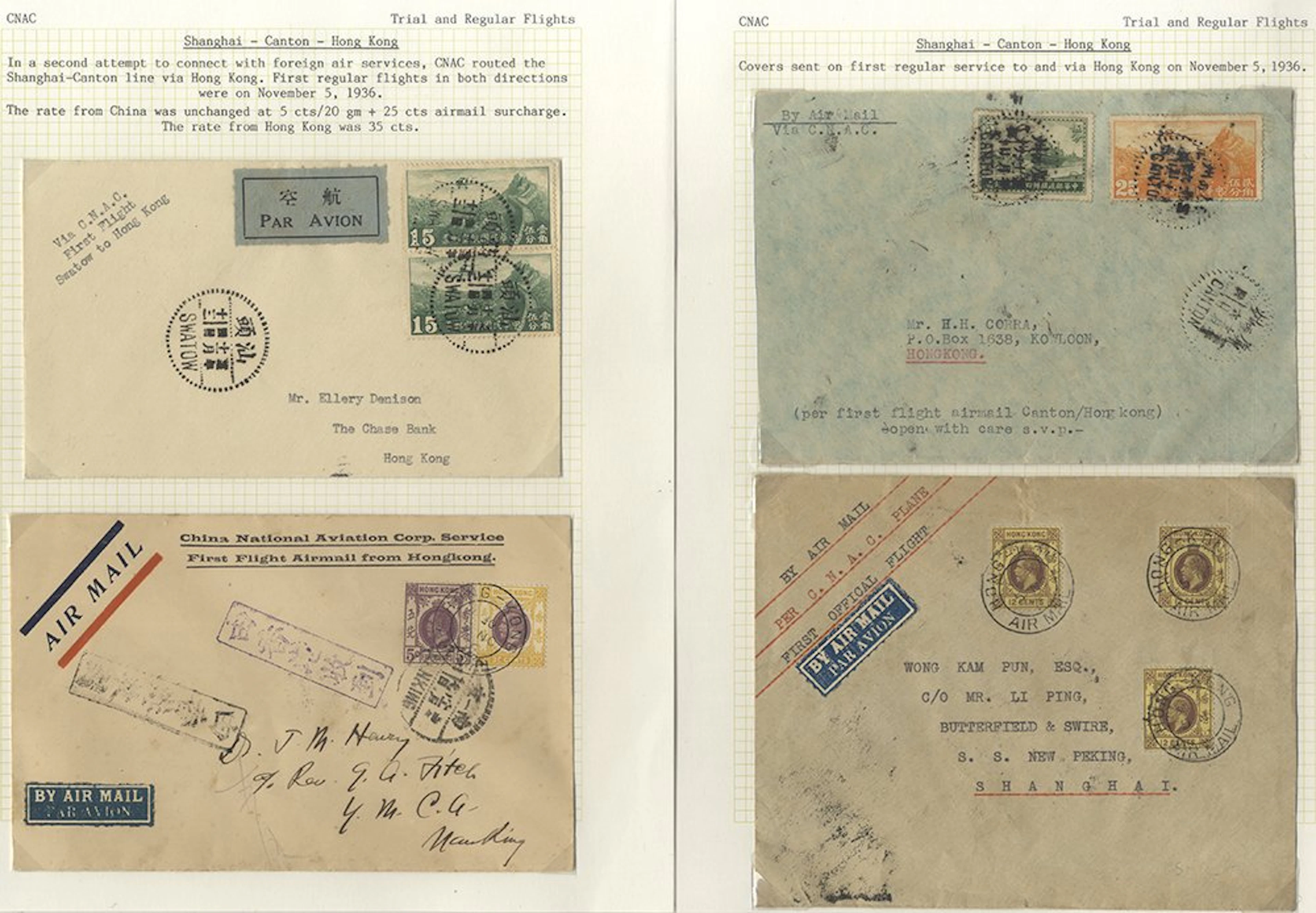 CHINA 1936 (Nov 5) group of first flight covers (4) on...