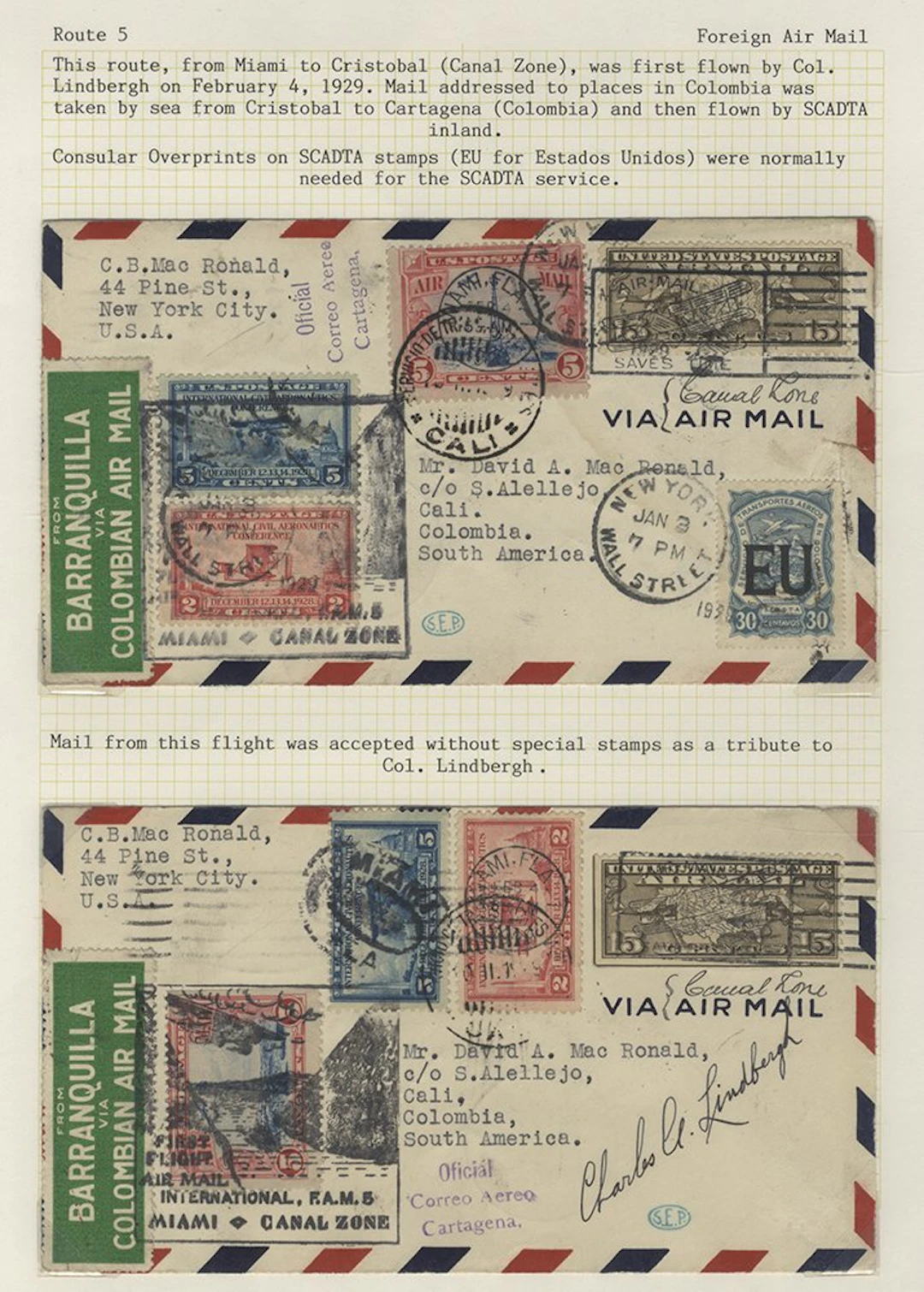 COLOMBIA SCADTA 1929 cover bearing USA franking from Miami to Cristobal