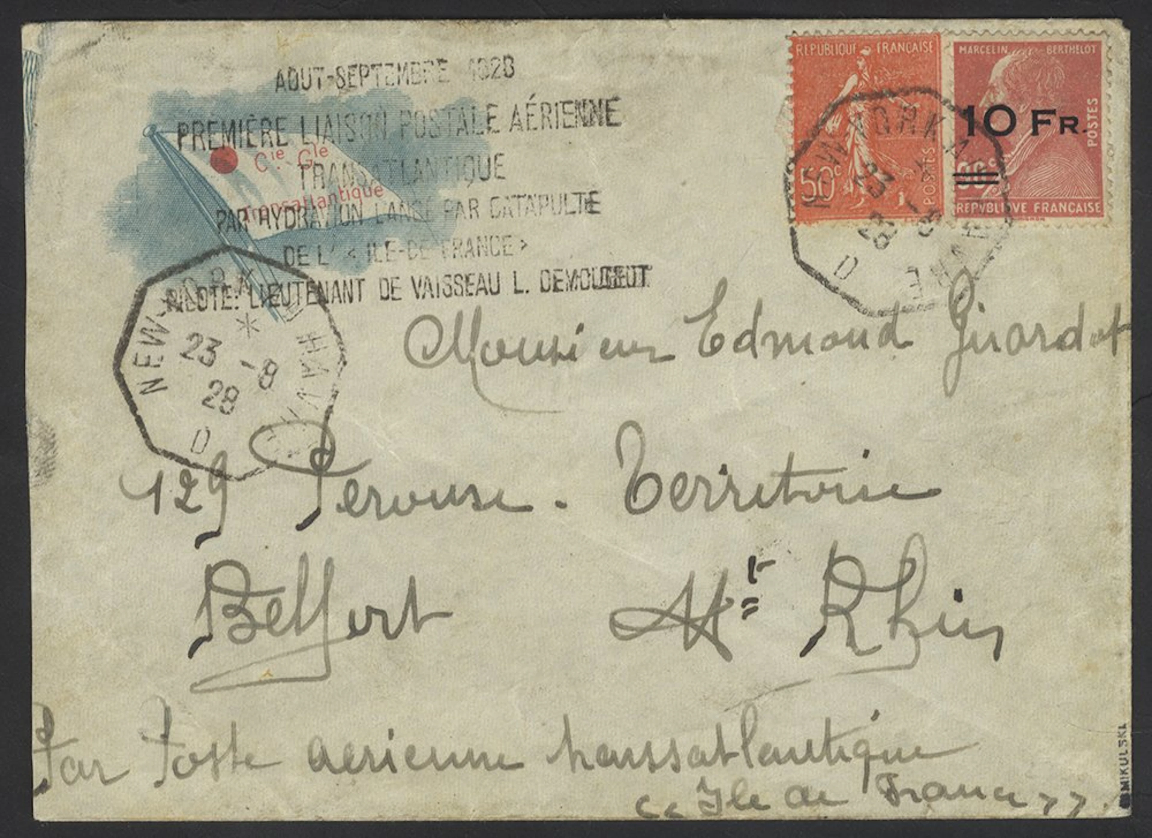FRANCE 1928 'Il de France' Surcharged 10f on 90c rose-carmine provisional (Cat