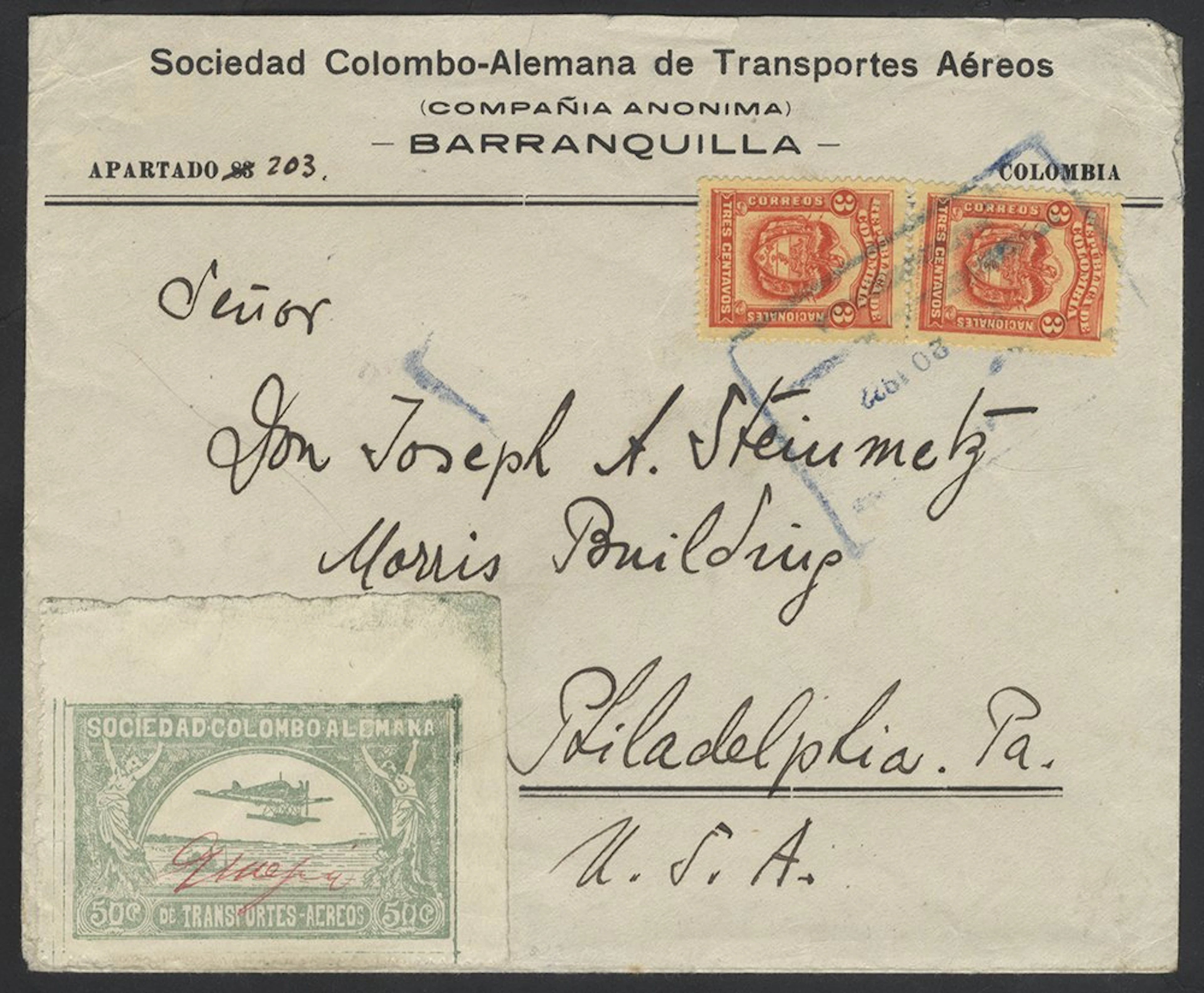 COLOMBIA SCADTA 1922 printed cover to Philadelphia from...