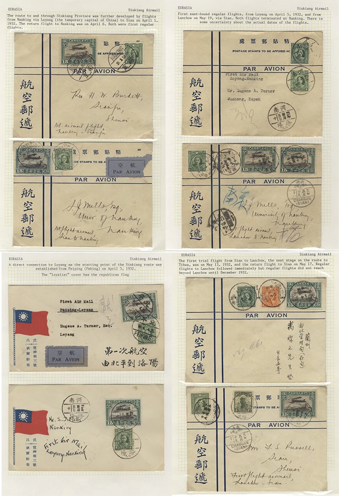 CHINA 1932 Sinkiang group of airmail covers (8) written...