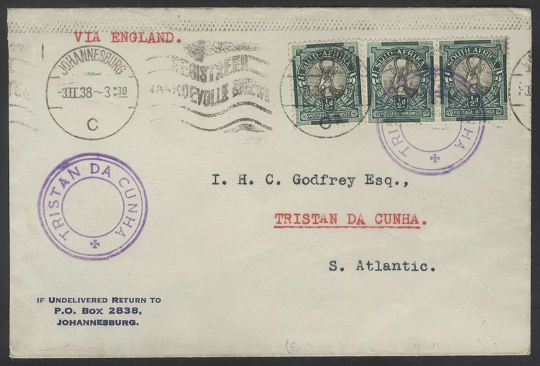 SOUTHERN AFRICA 1938 cover to Tristan Da Cunha with three South African ½d's