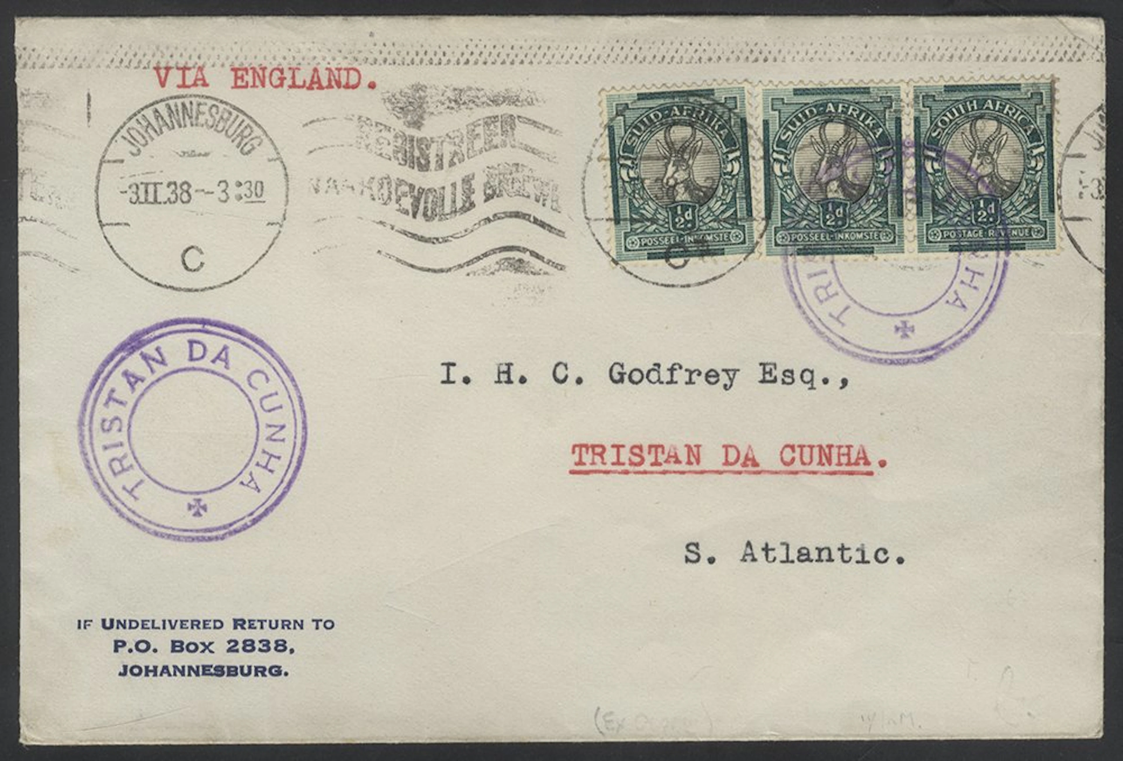 SOUTHERN AFRICA 1938 cover to Tristan Da Cunha with three South African ½d's