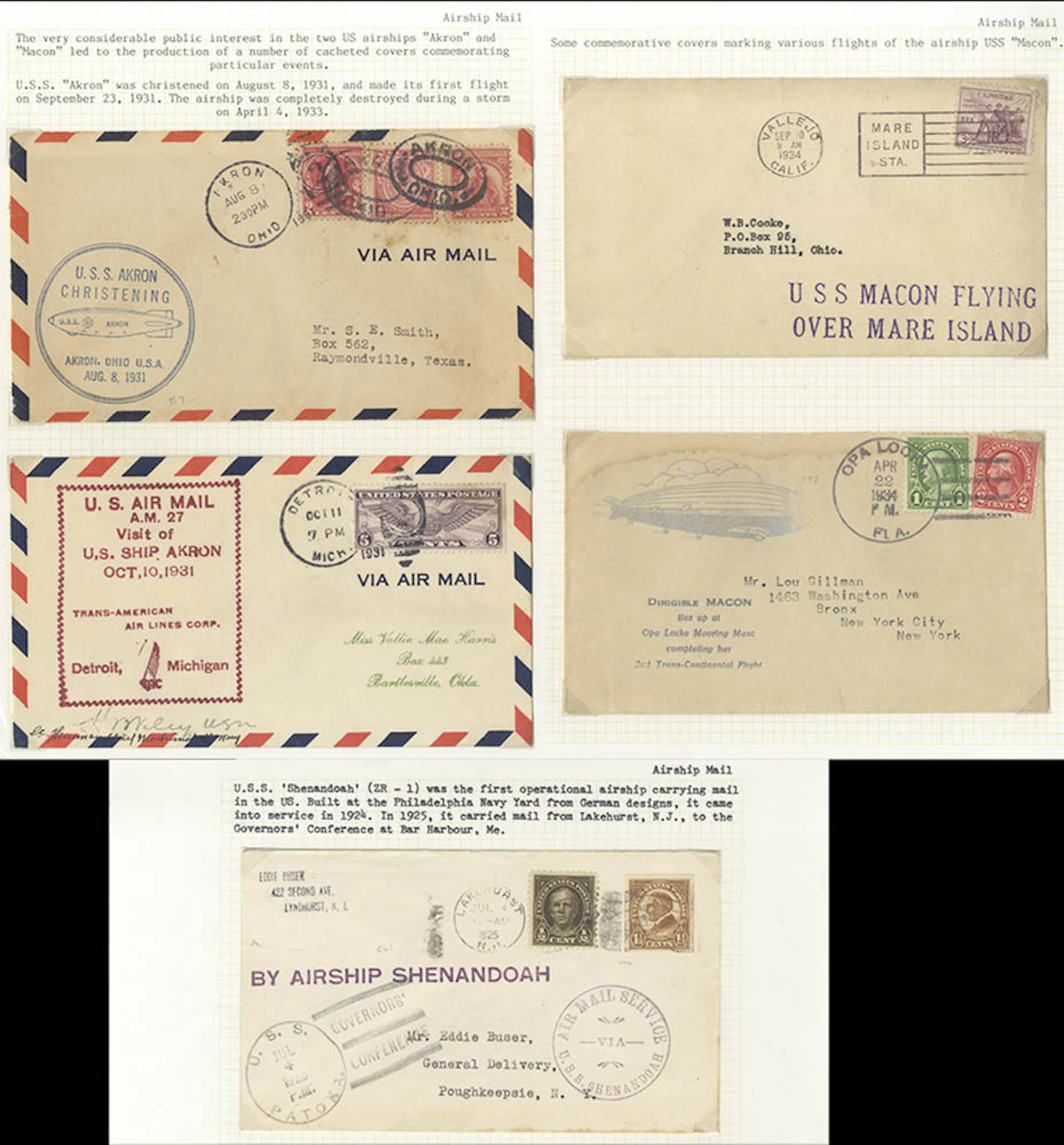 USA group of Airship Mail covers (5) on leaves with 1925...