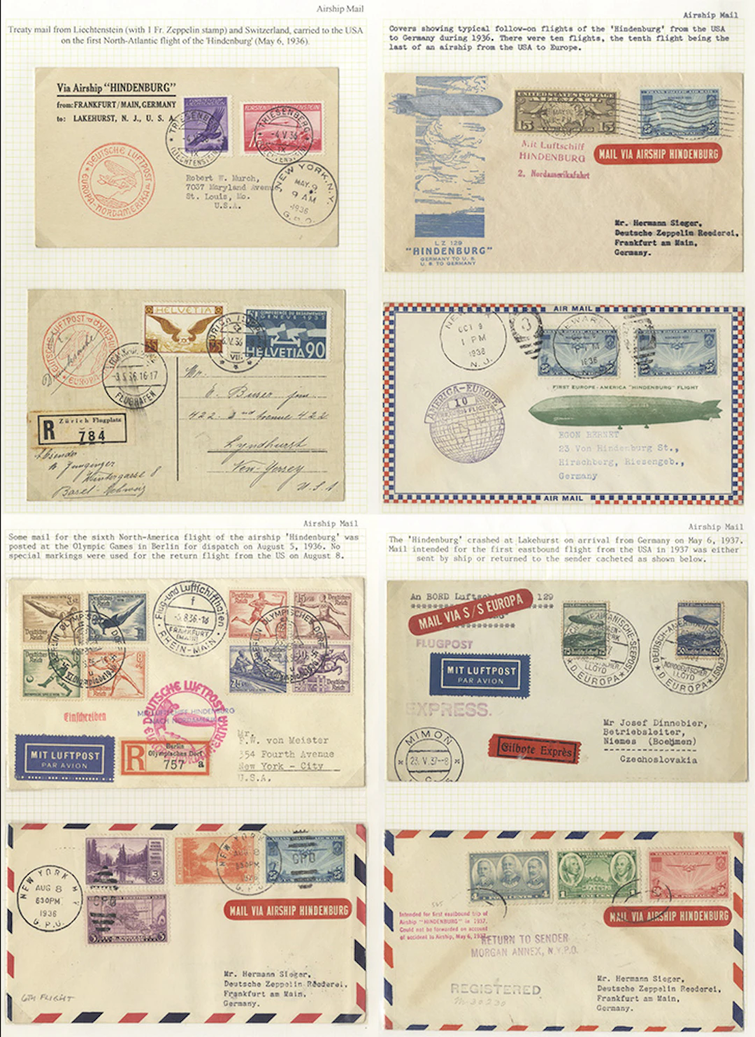 USA Hindenburg 1936-37 group of covers (10) on leaves...