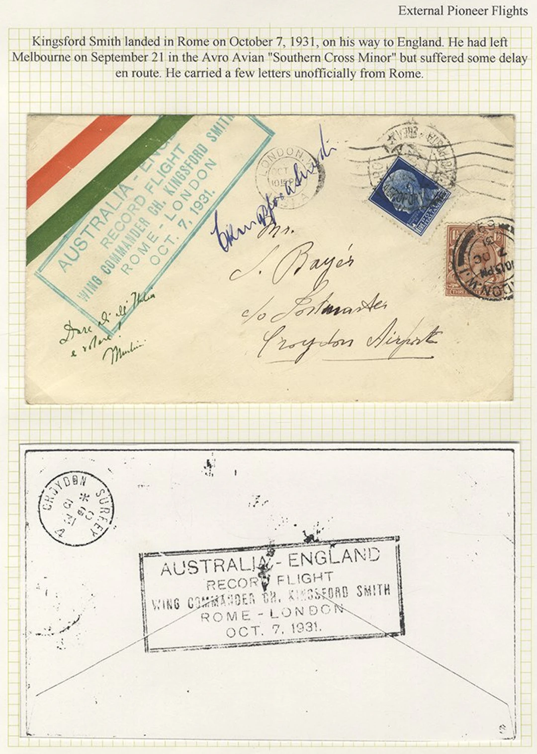 AUSTRALIA 1931 (Oct 7) Kingsford Smith flight cover...