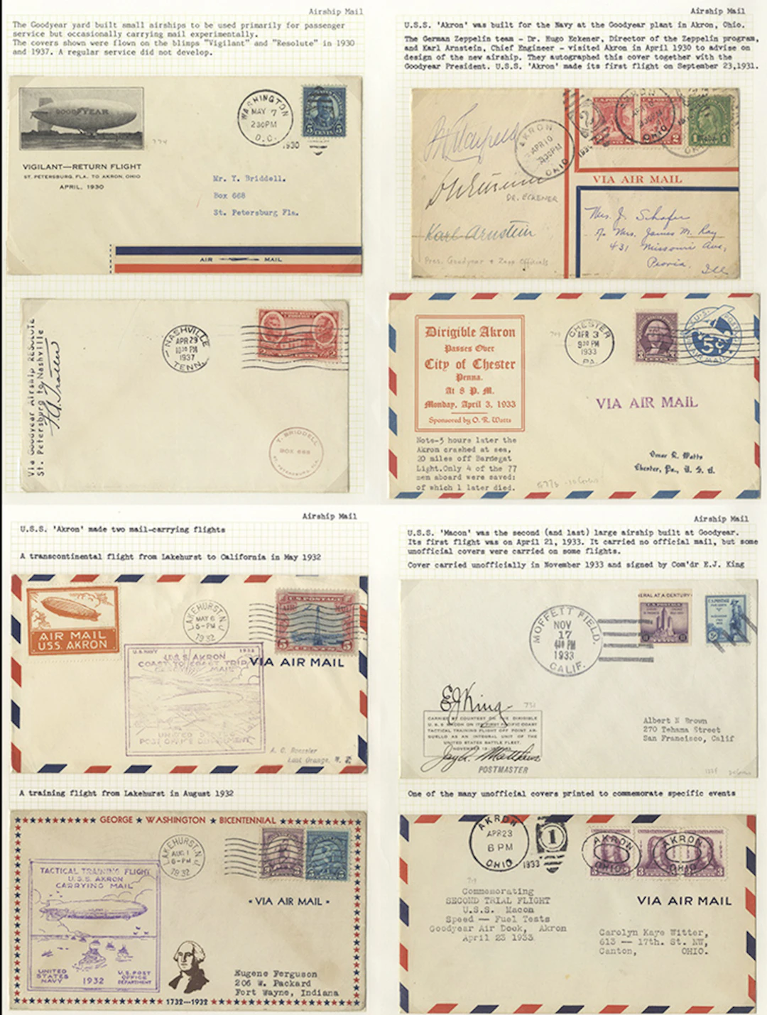 USA 1930-37 group of flown airship covers (8) on pages incl