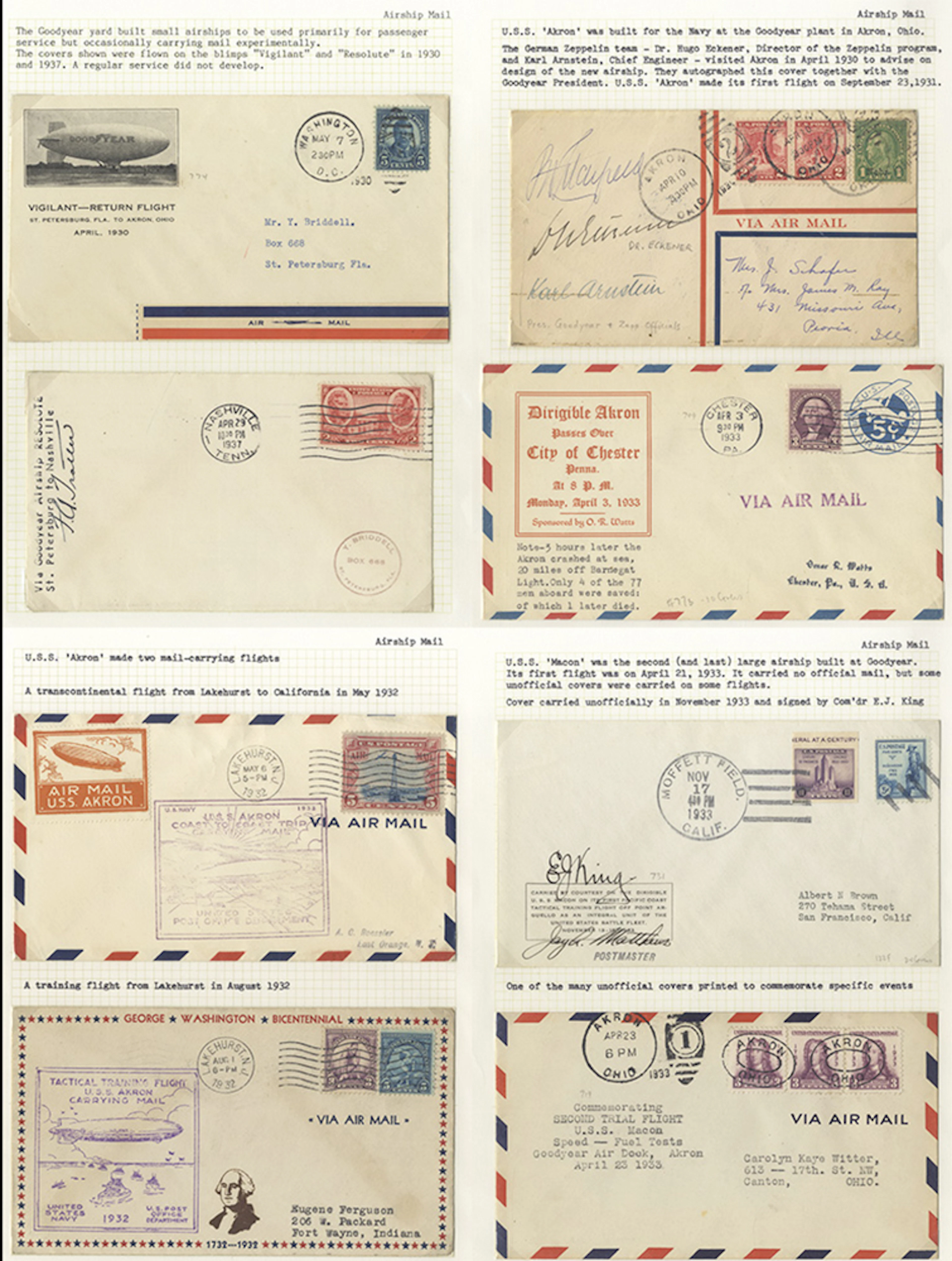 USA 1930-37 group of flown airship covers (8) on pages incl